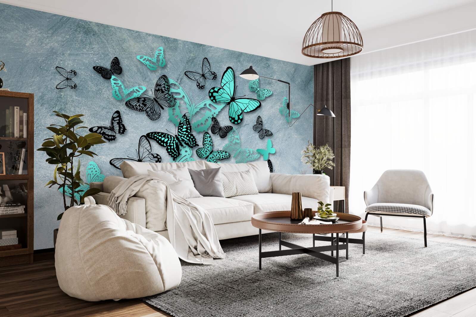 Papier peint papillons bleus sur fond gris