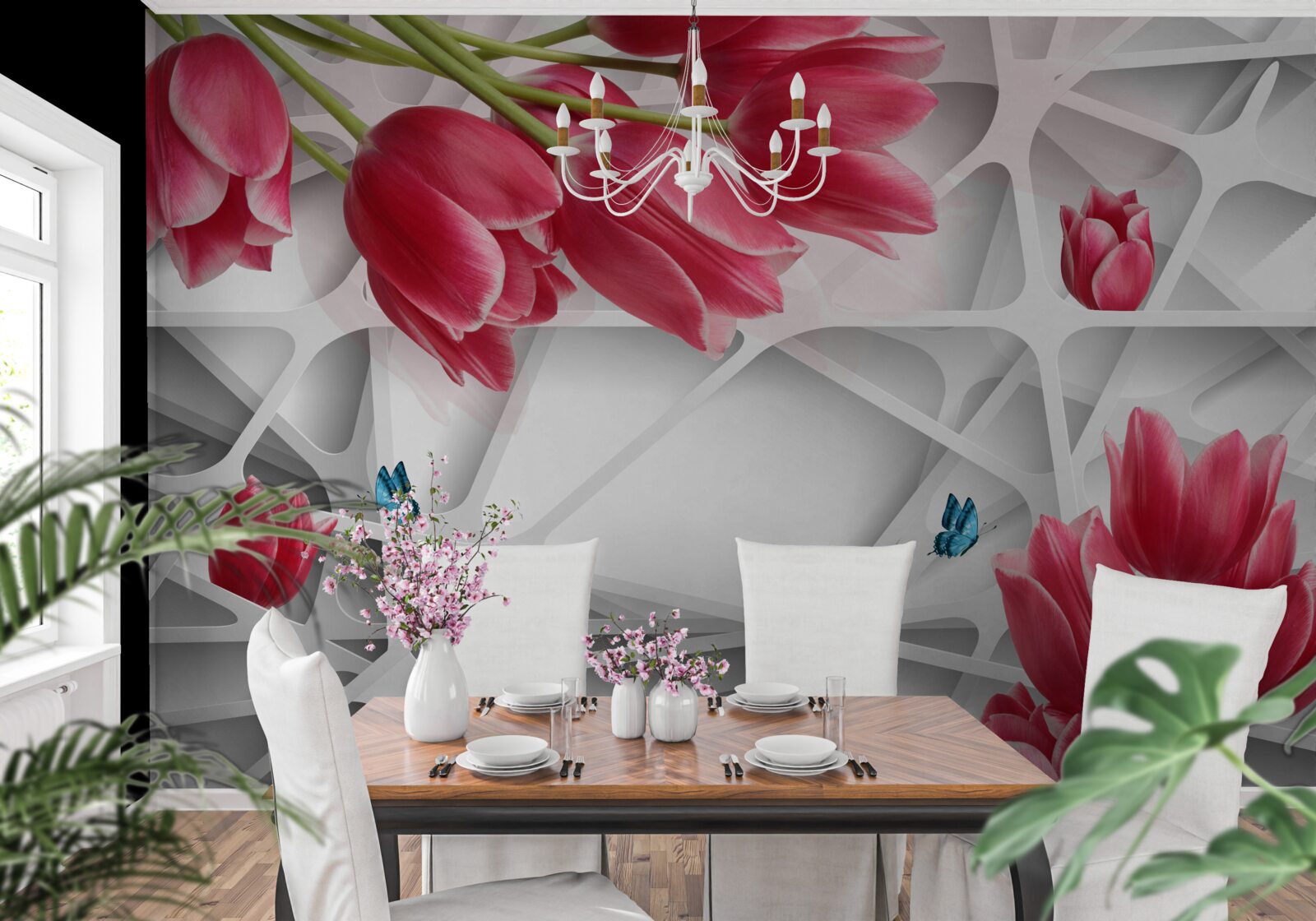 Papier peint papillons et bourgeons de tulipes écarlates