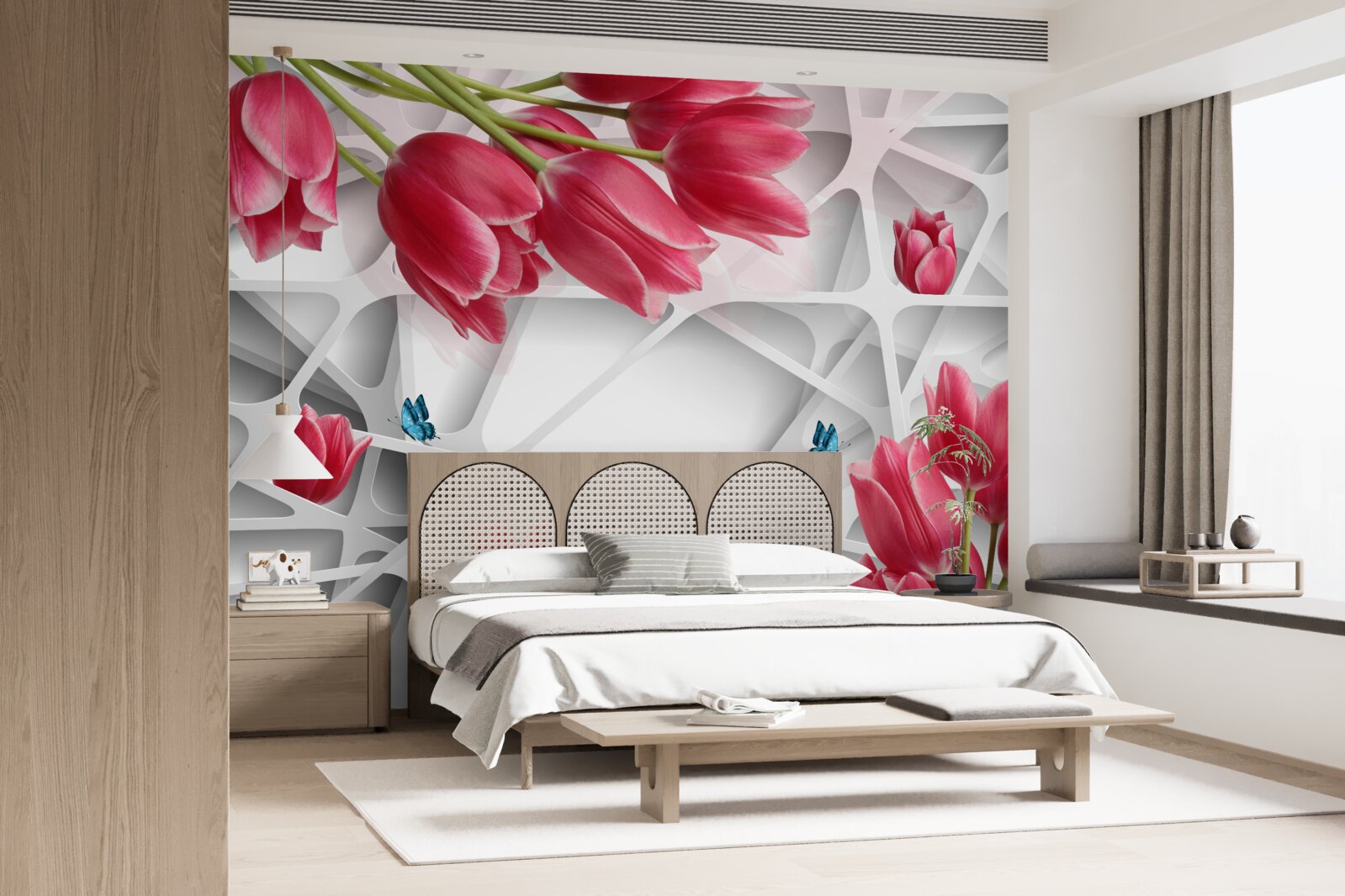 Papier peint papillons et bourgeons de tulipes écarlates