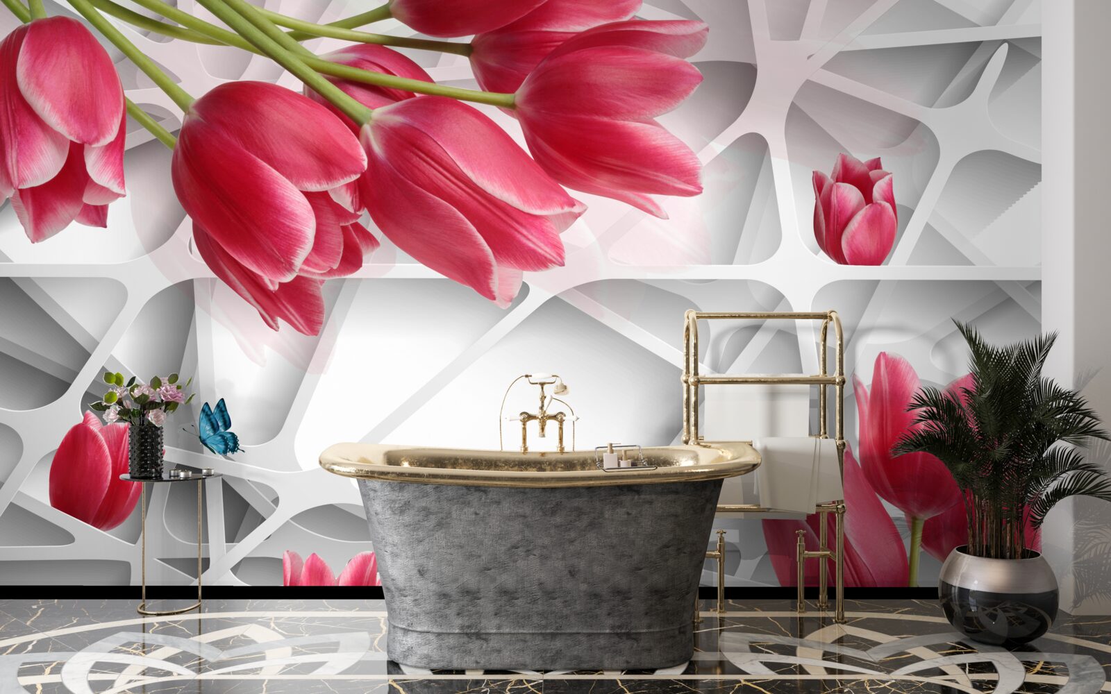 Papier peint papillons et bourgeons de tulipes écarlates