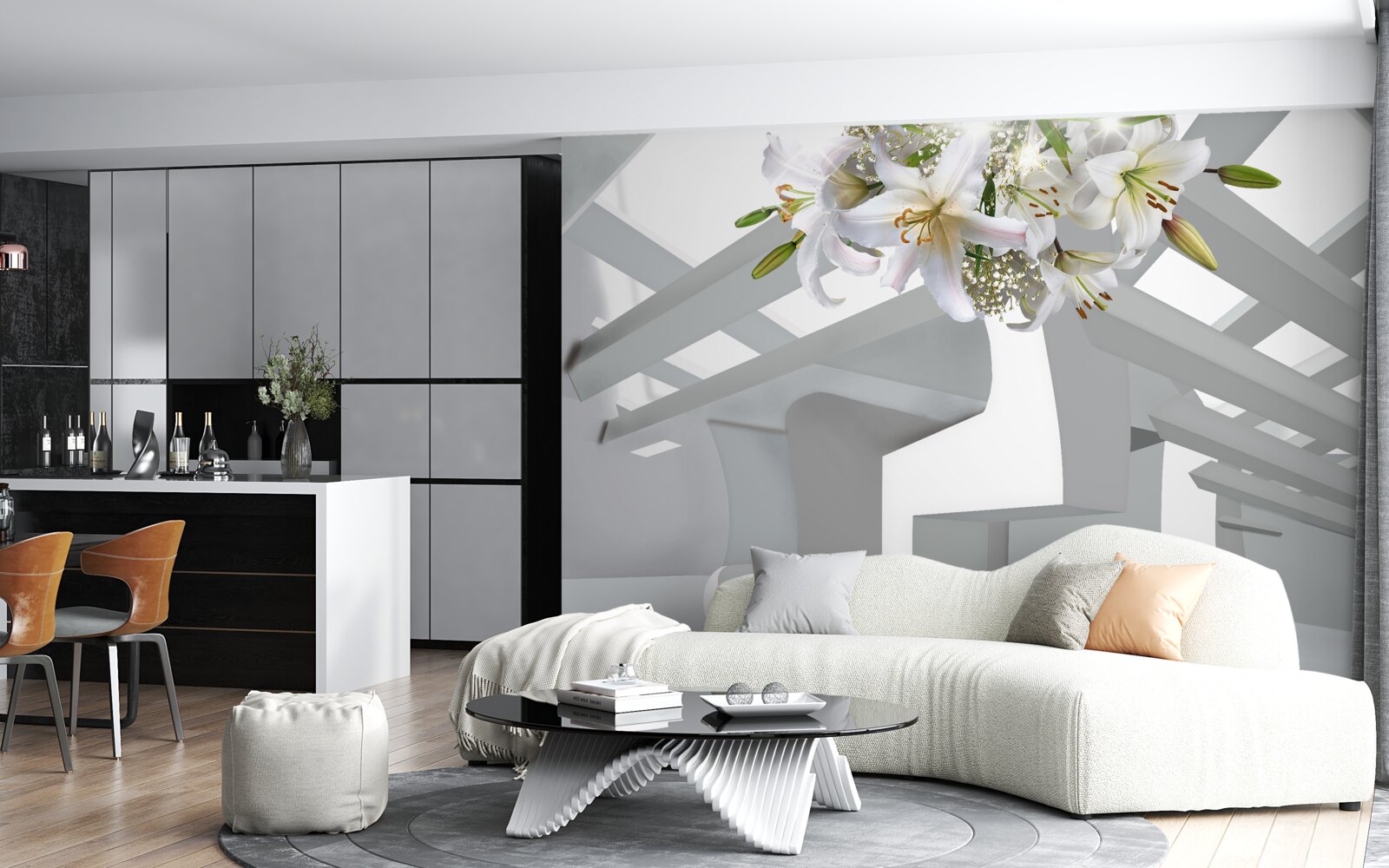 Papier peint lys blanc et peintures abstraites