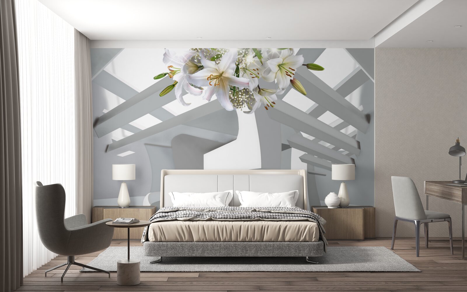 Papier peint lys blanc et peintures abstraites