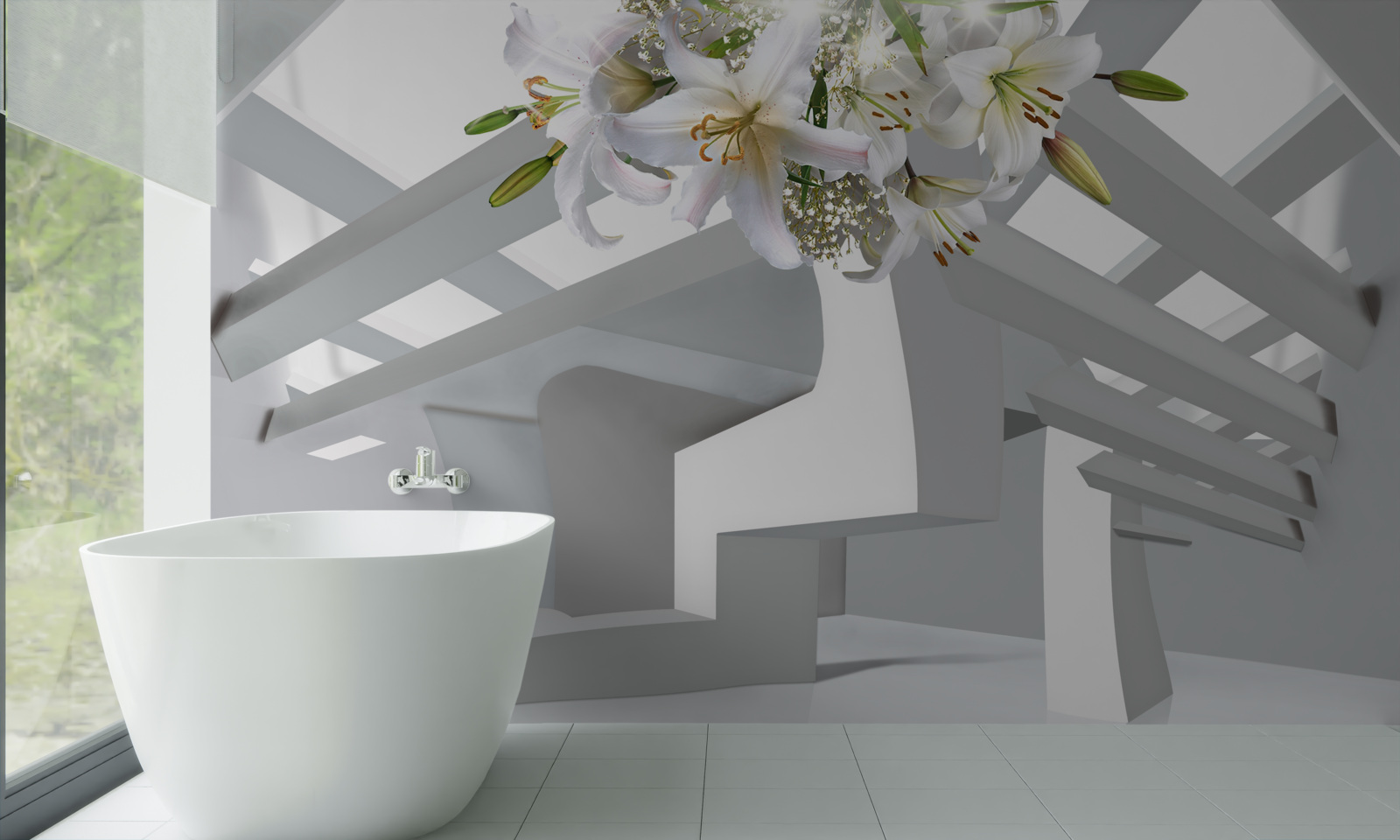 Papier peint lys blanc et peintures abstraites