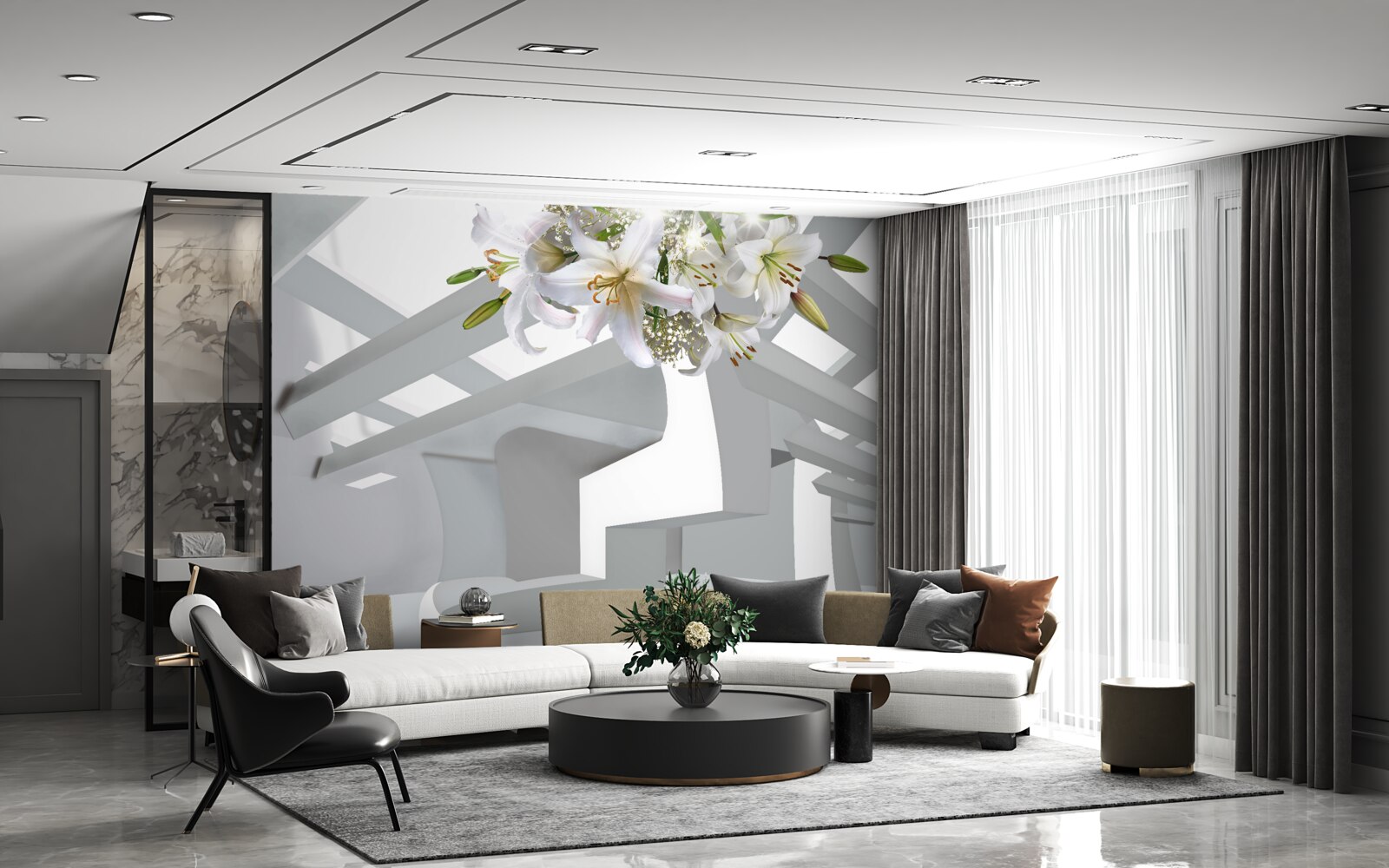 Papier peint lys blanc et peintures abstraites