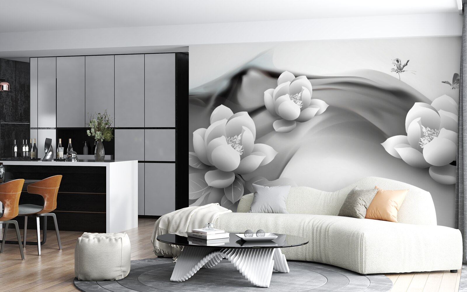 Papier peint nénuphars en noir et blanc