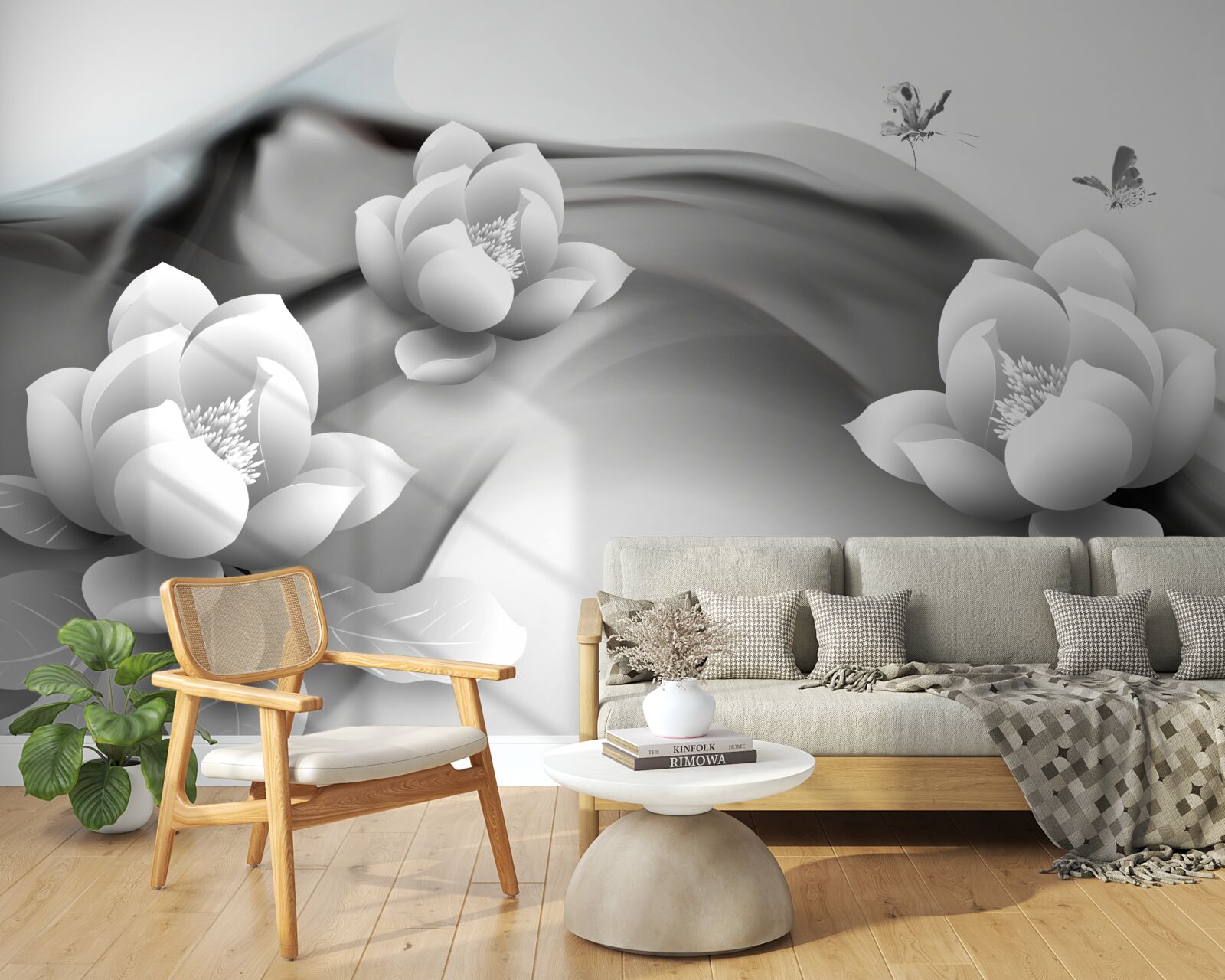 Papier peint nénuphars en noir et blanc