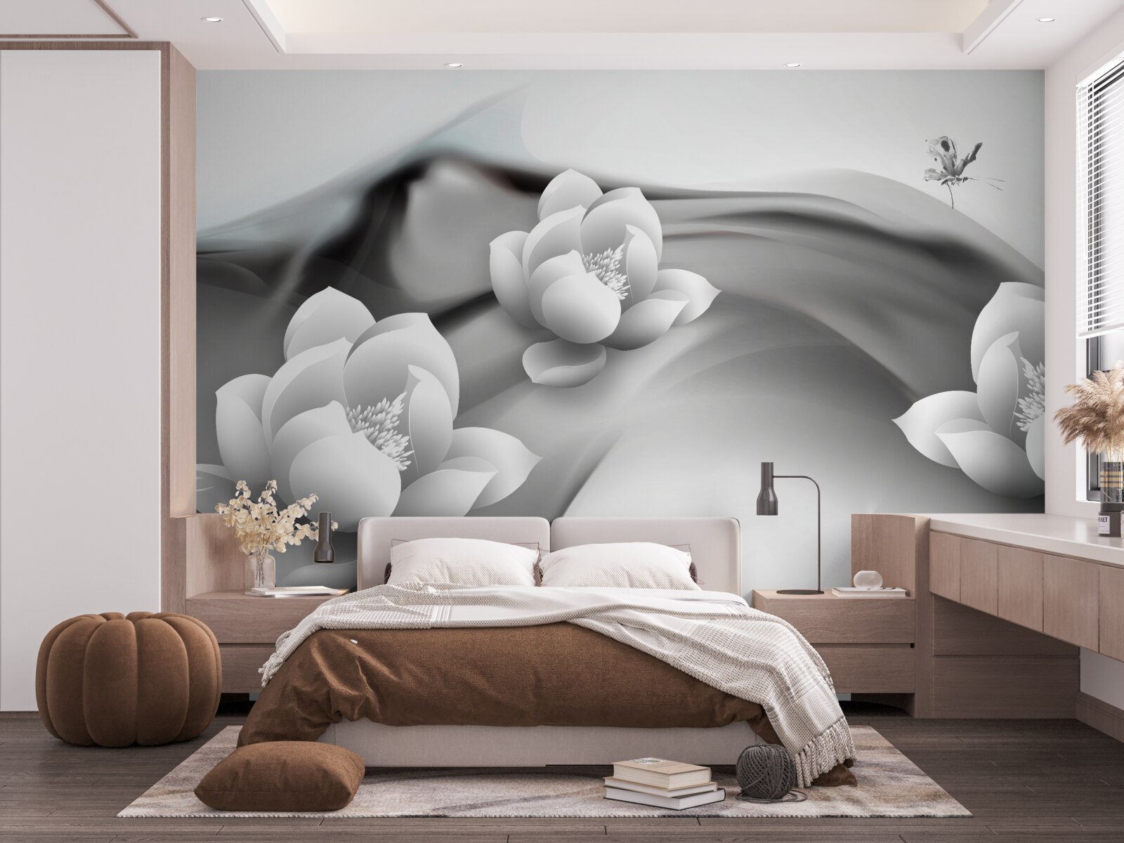 Papier peint nénuphars en noir et blanc