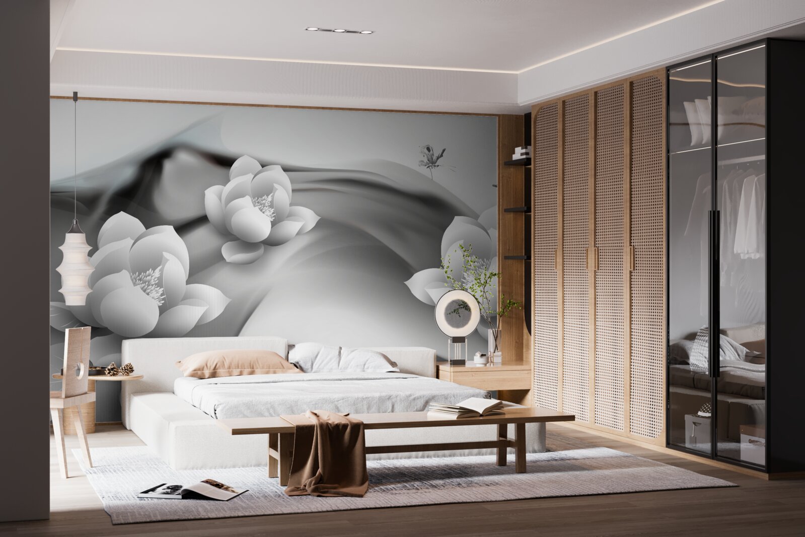 Papier peint nénuphars en noir et blanc