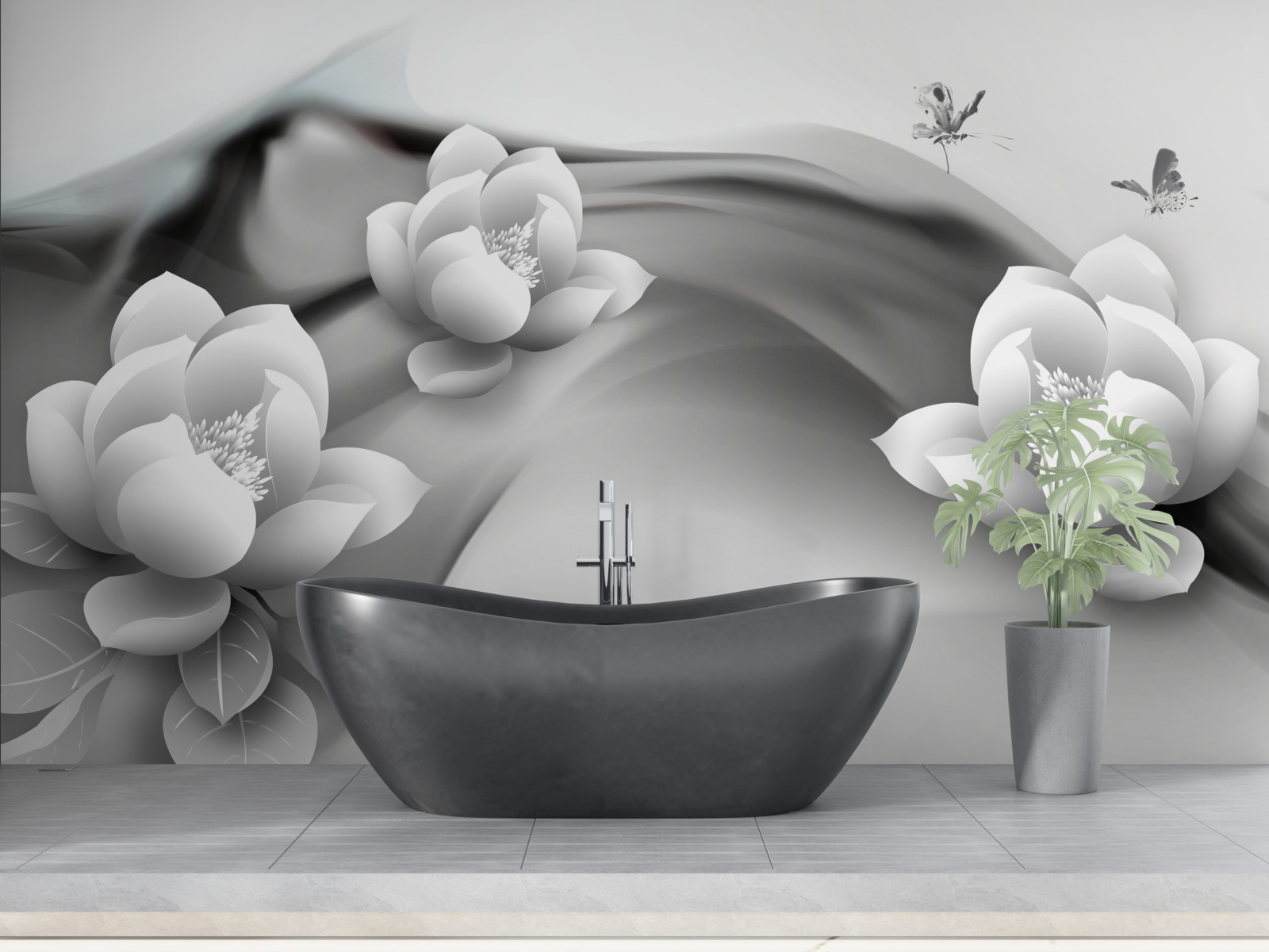 Papier peint nénuphars en noir et blanc