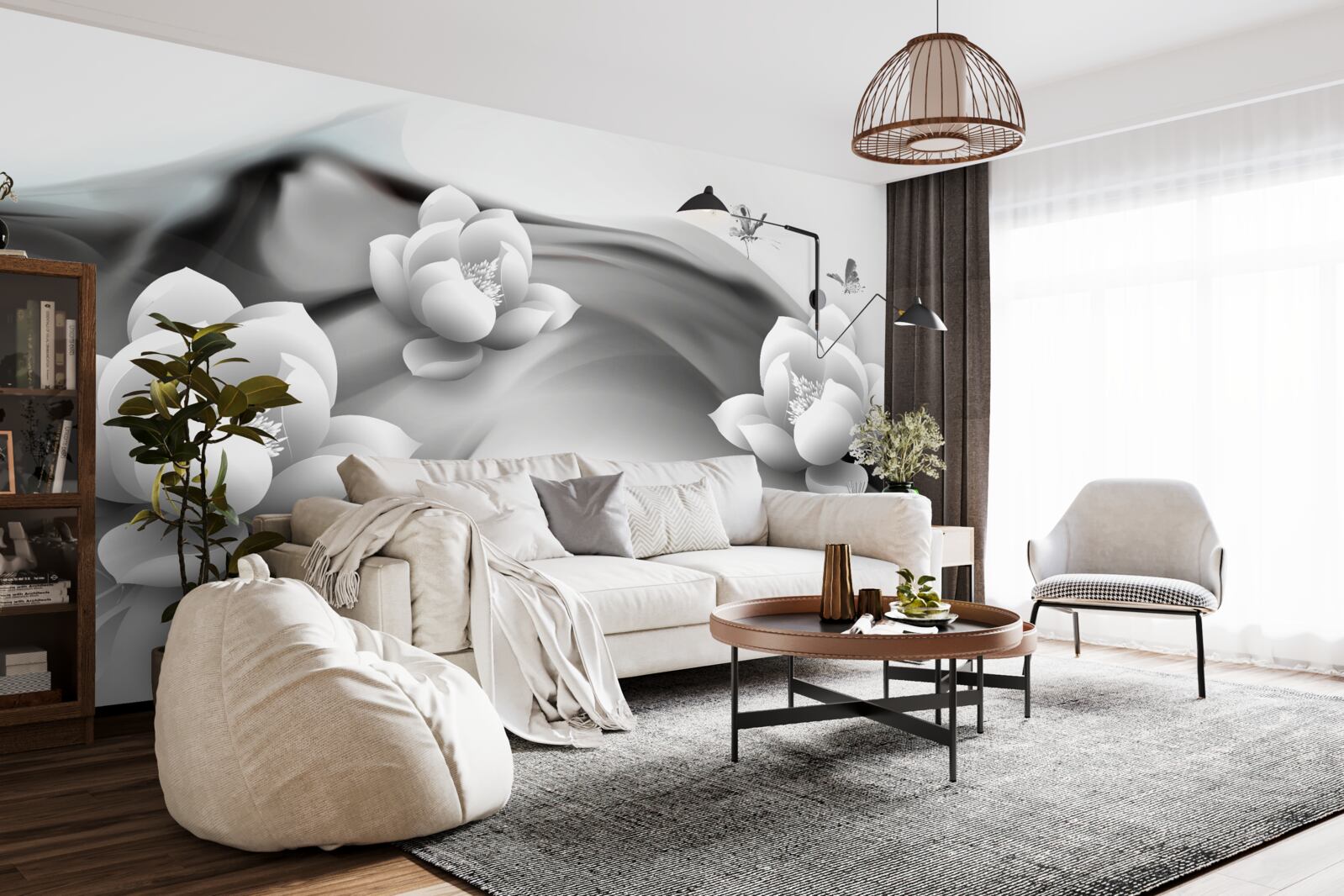 Papier peint nénuphars en noir et blanc