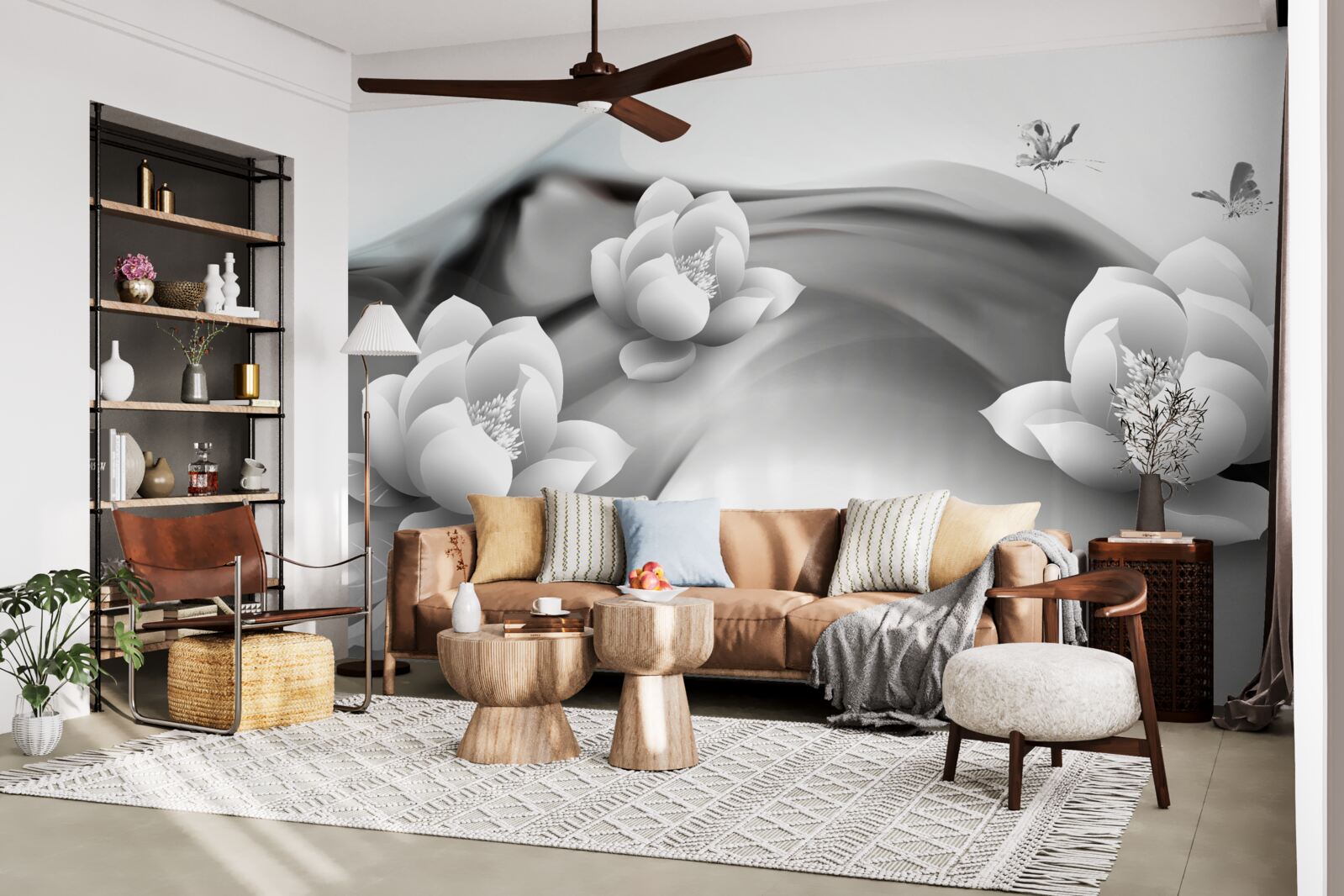 Papier peint nénuphars en noir et blanc