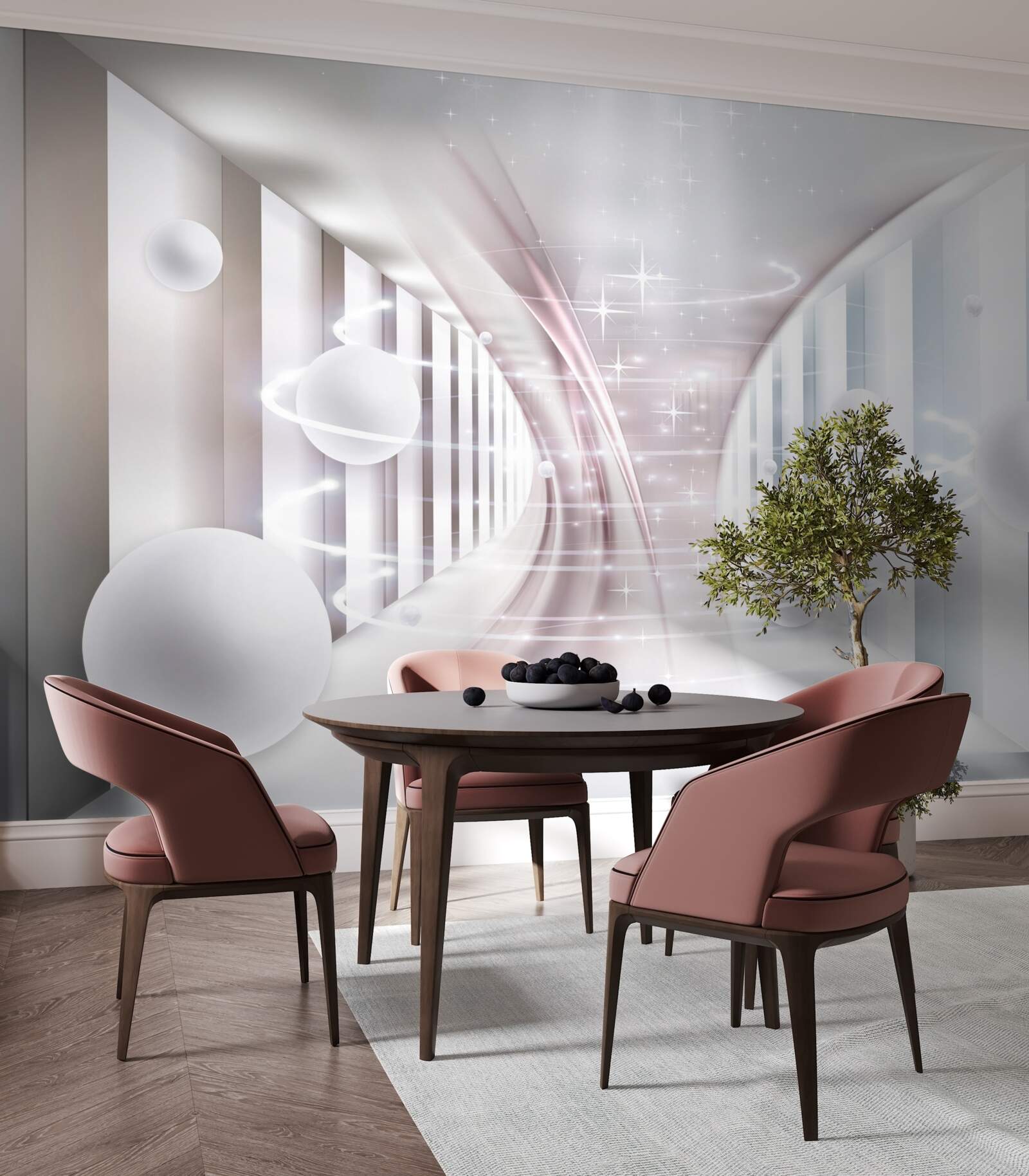 Papier peint des boules abstraites et un tunnel de forme carrée