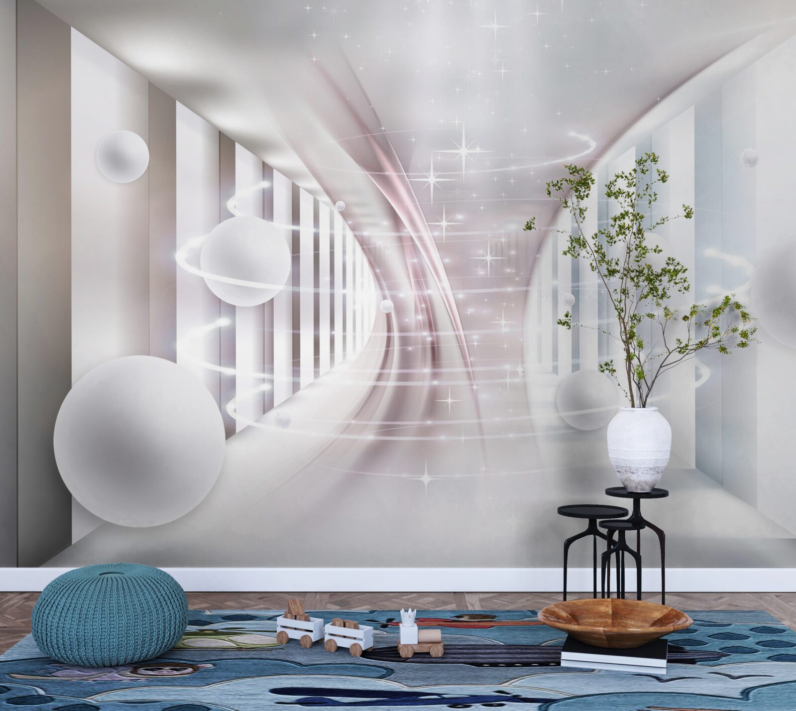 Papier peint des boules abstraites et un tunnel de forme carrée