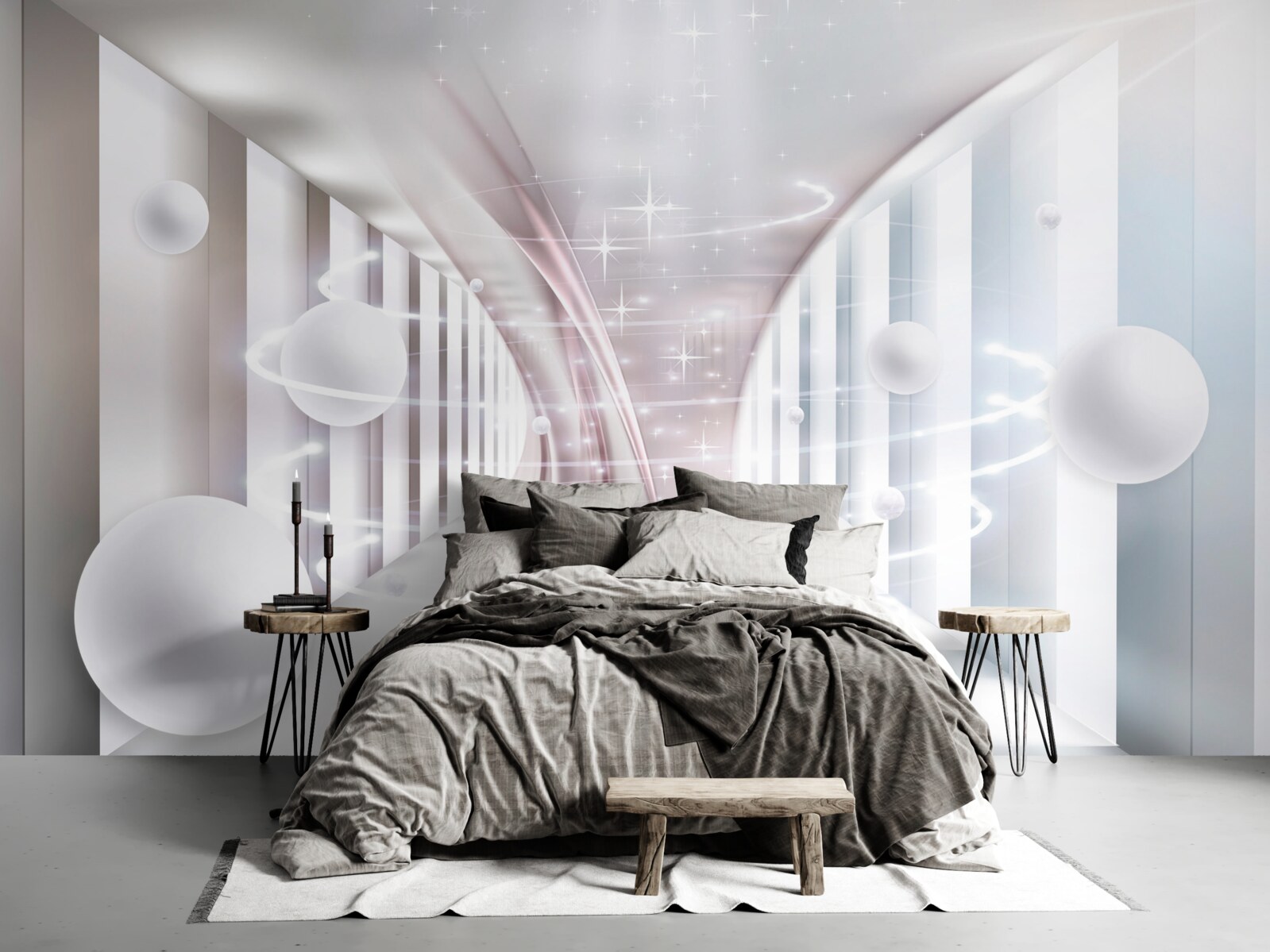 Papier peint des boules abstraites et un tunnel de forme carrée