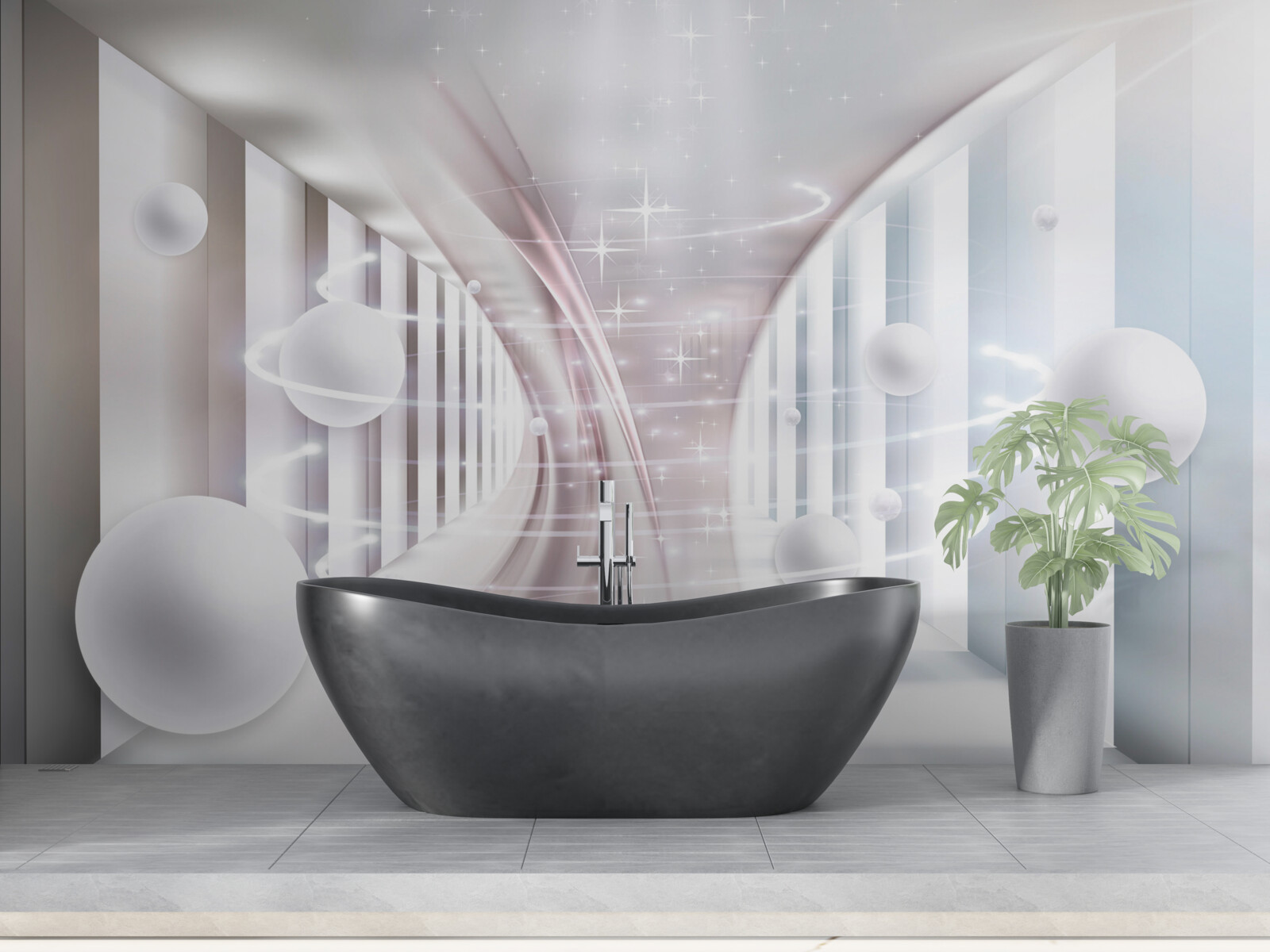 Papier peint des boules abstraites et un tunnel de forme carrée