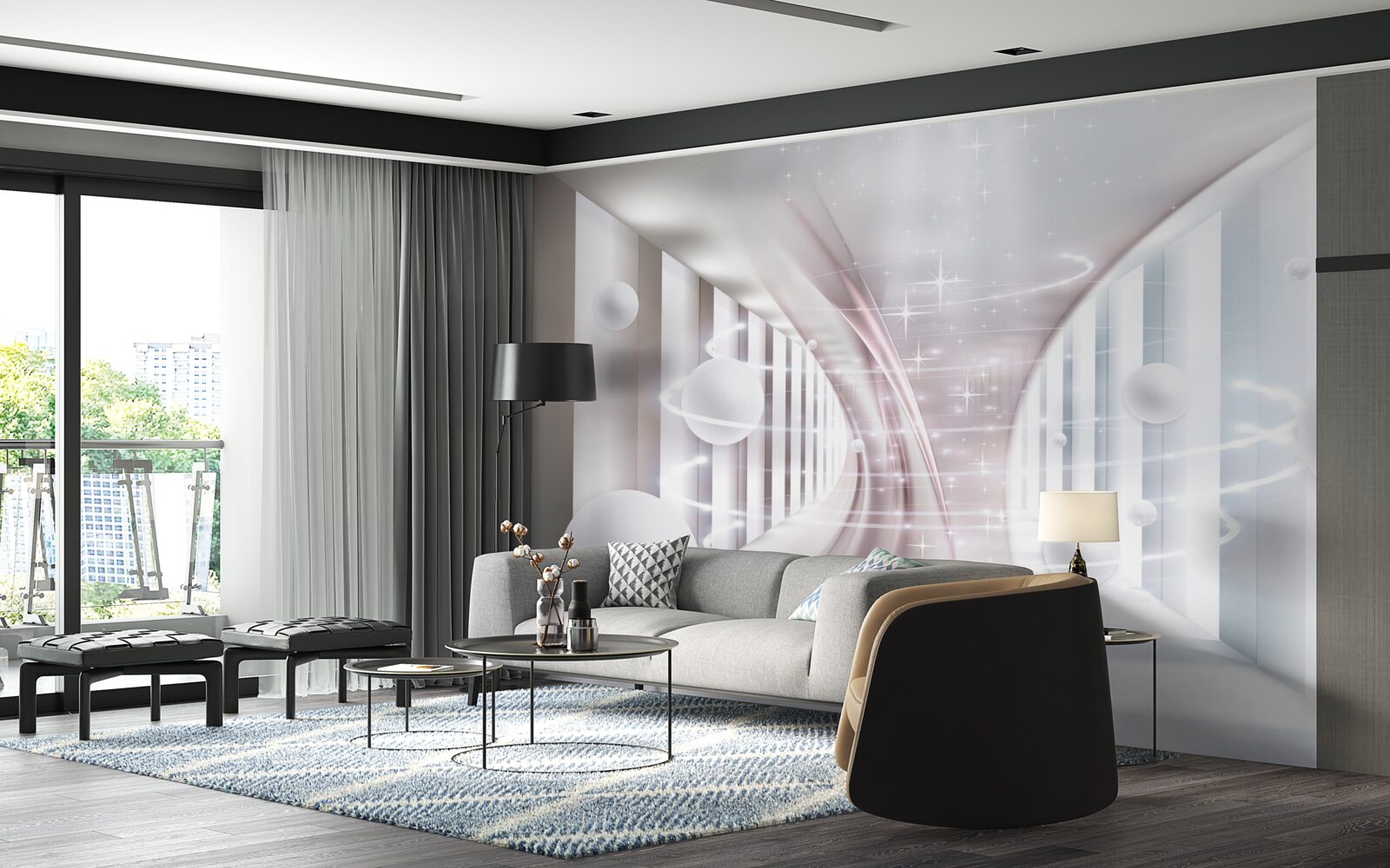 Papier peint des boules abstraites et un tunnel de forme carrée