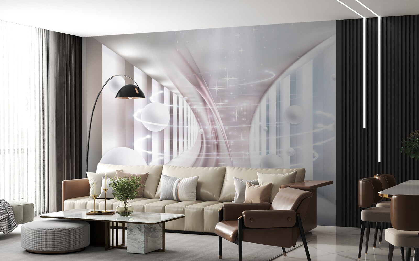 Papier peint des boules abstraites et un tunnel de forme carrée