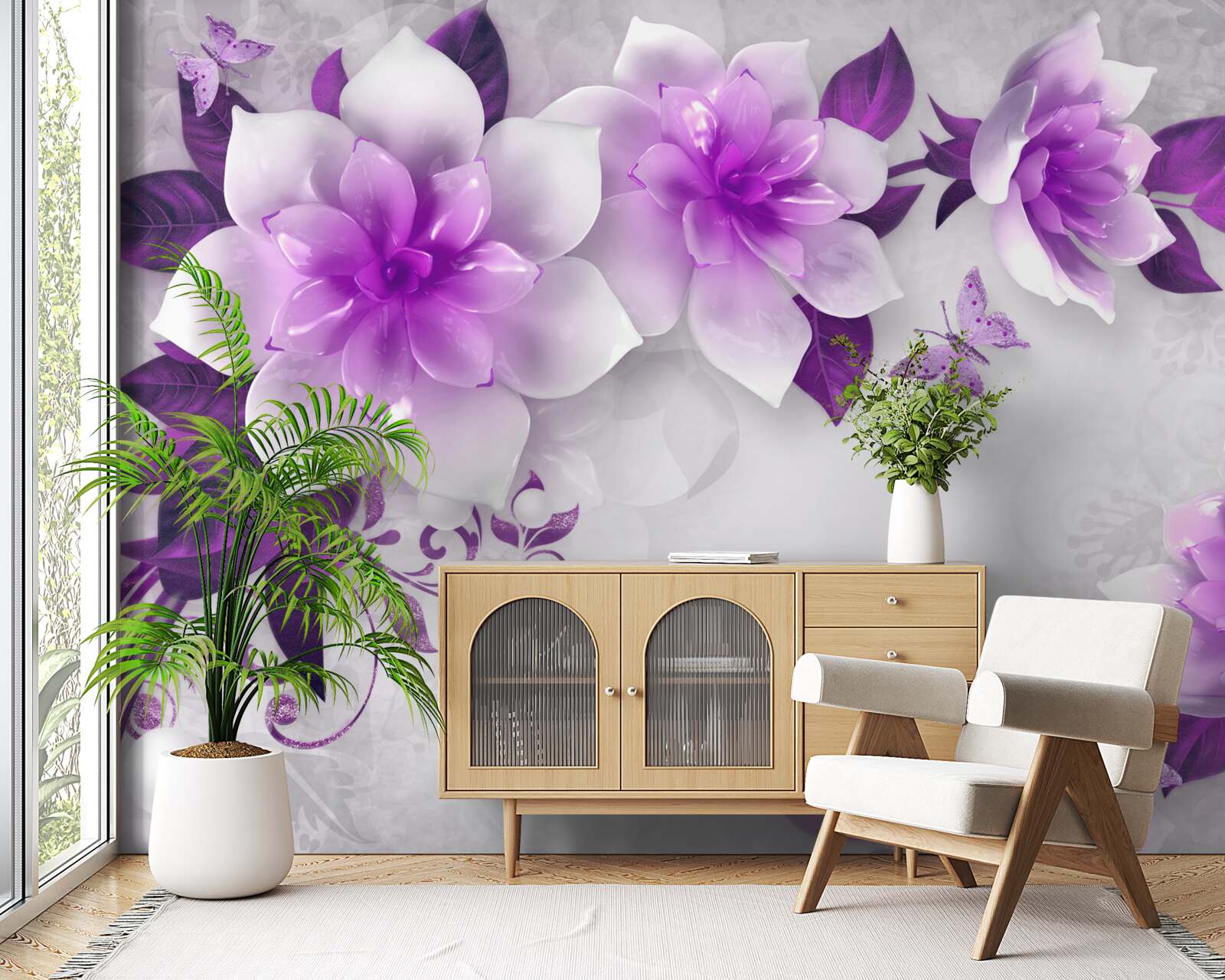 Papier peint fond blanc décoré de fleurs violettes