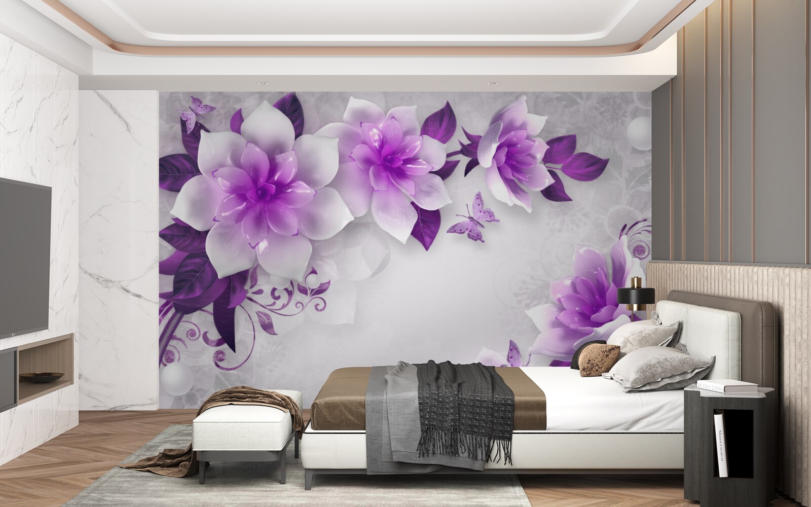 Papier peint fond blanc décoré de fleurs violettes