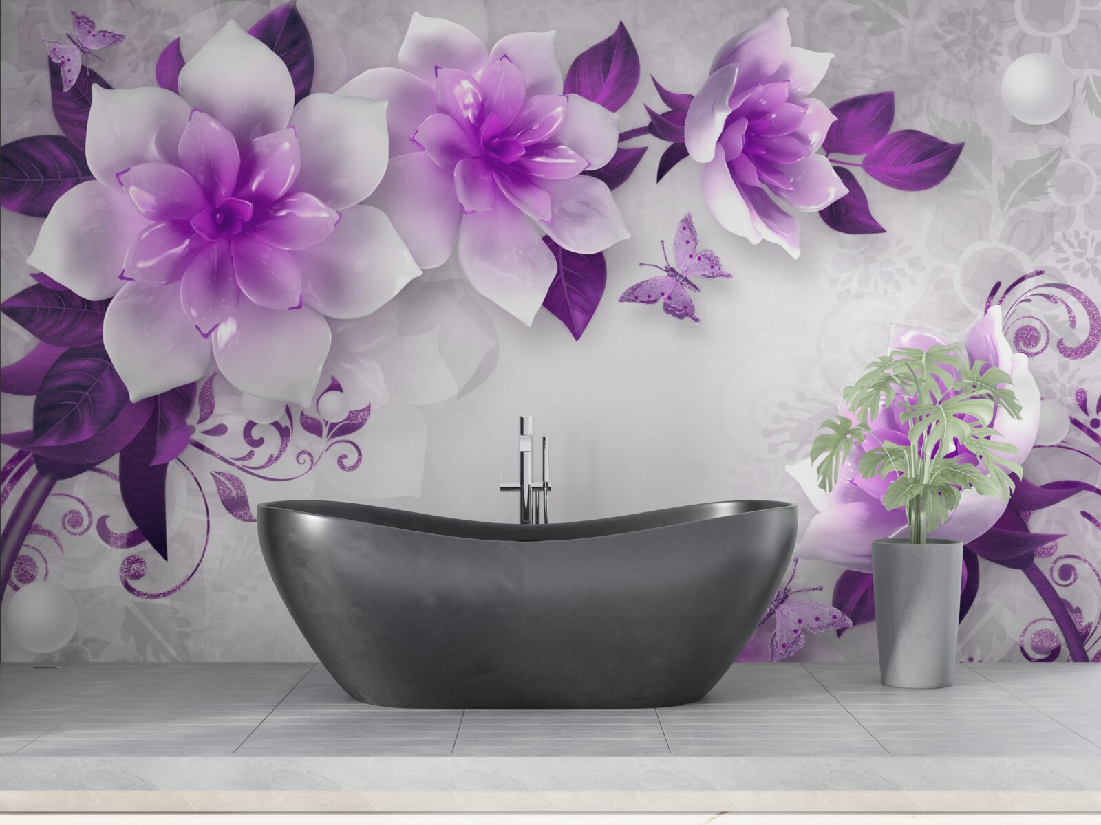 Papier peint fond blanc décoré de fleurs violettes