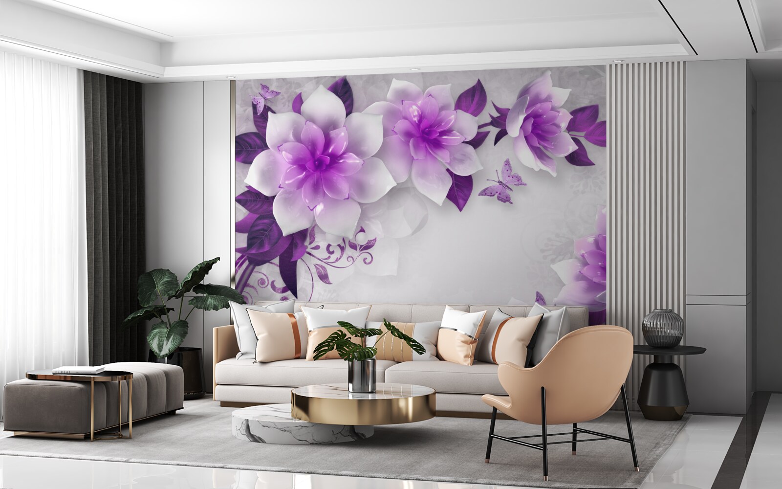 Papier peint fond blanc décoré de fleurs violettes