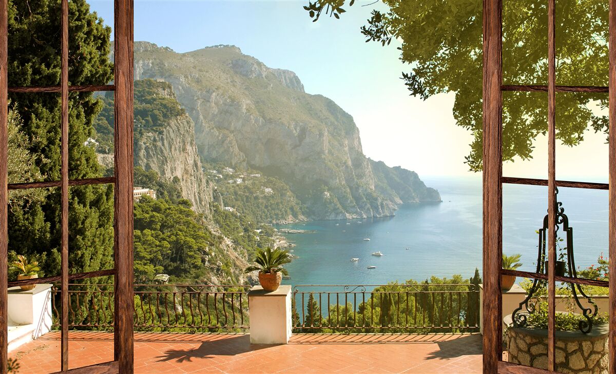 Papier peint Vue sur la mer et les montagnes directement depuis le balcon