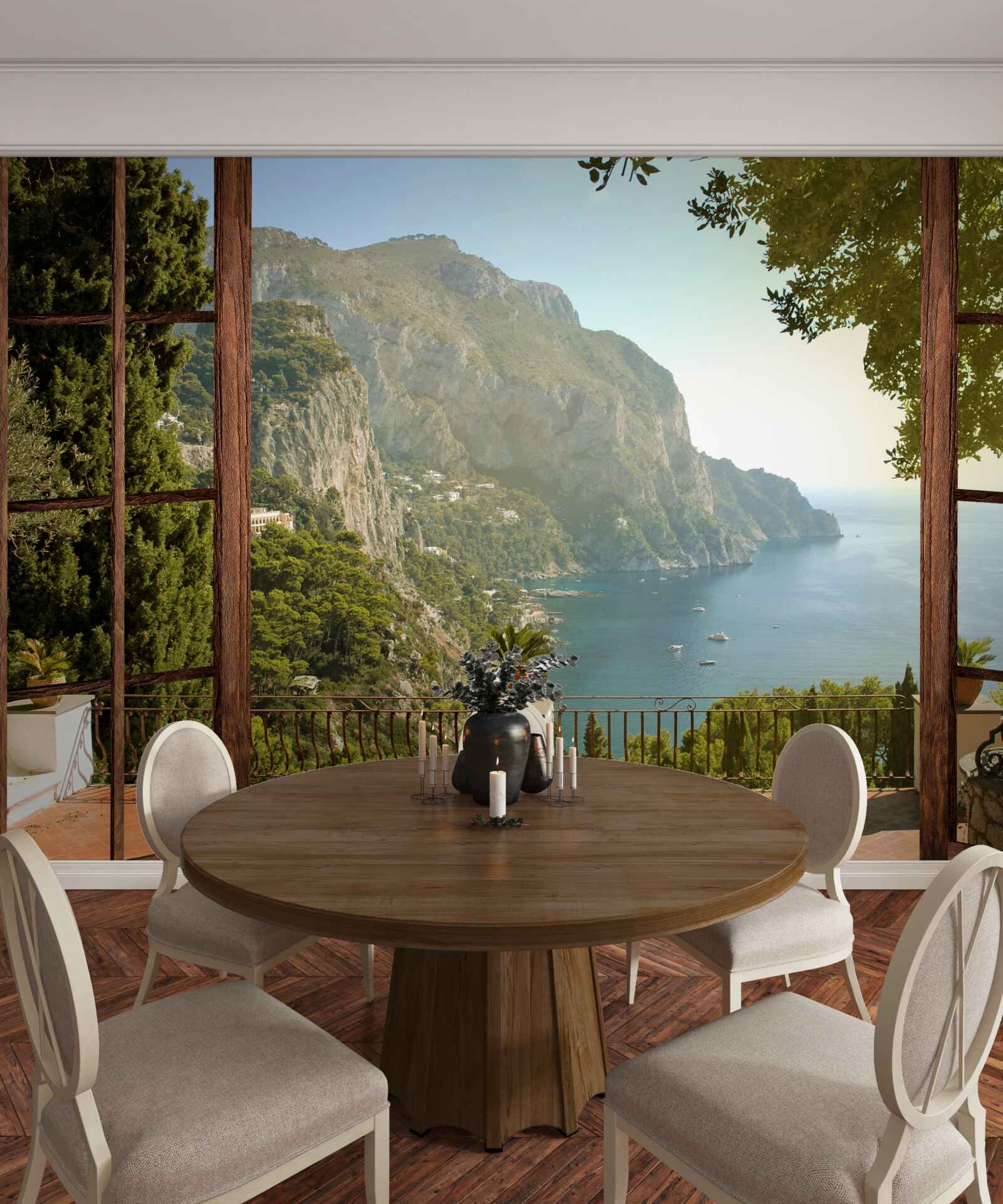 Papier peint Vue sur la mer et les montagnes directement depuis le balcon