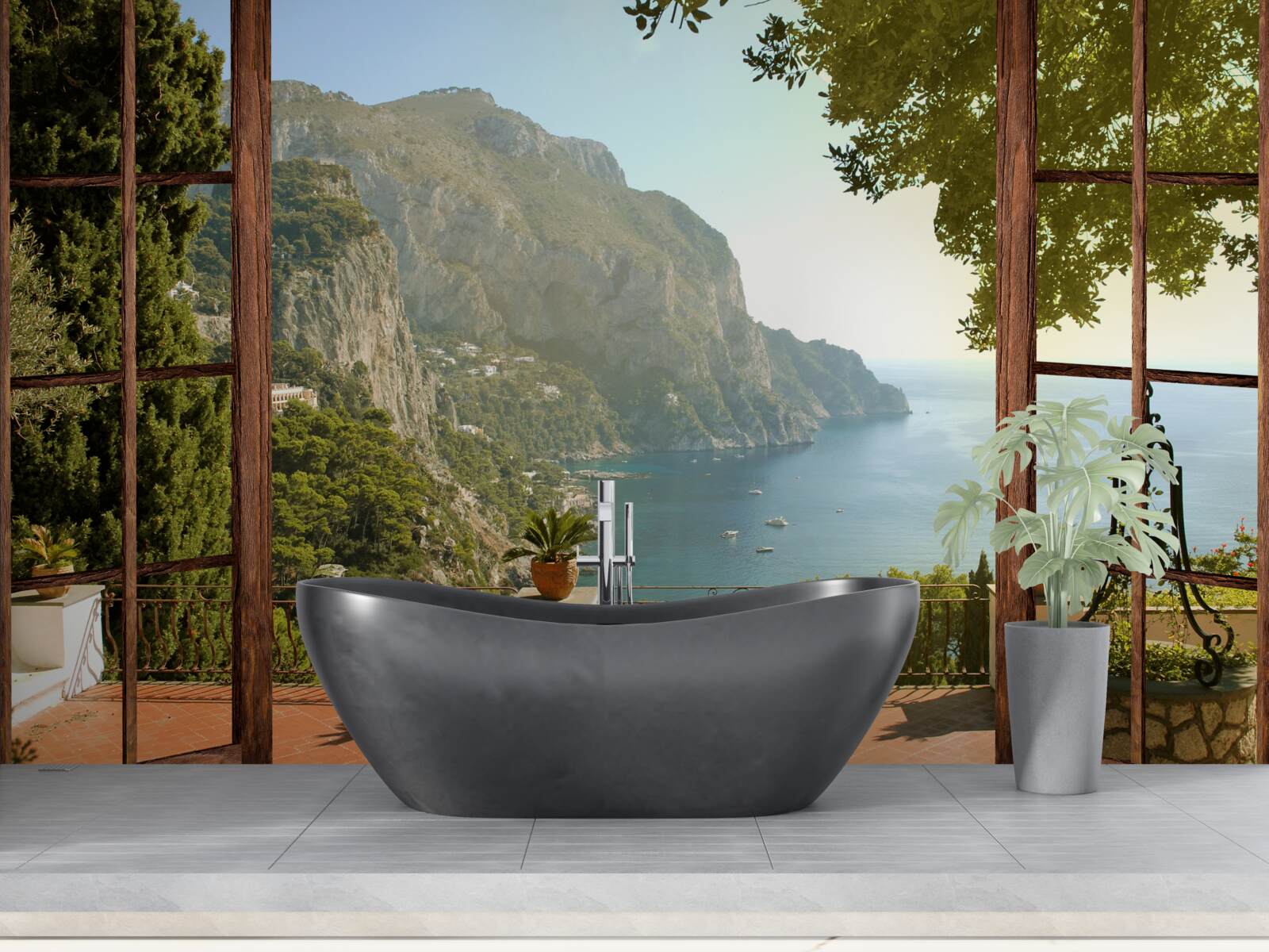 Papier peint Vue sur la mer et les montagnes directement depuis le balcon