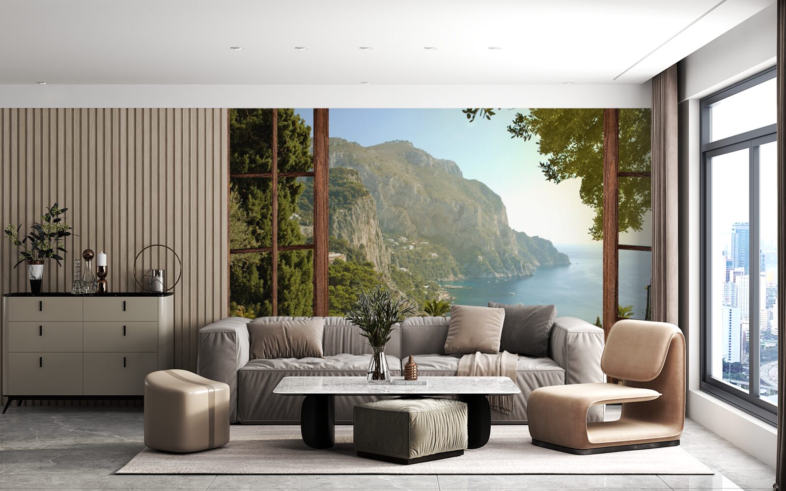 Papier peint Vue sur la mer et les montagnes directement depuis le balcon