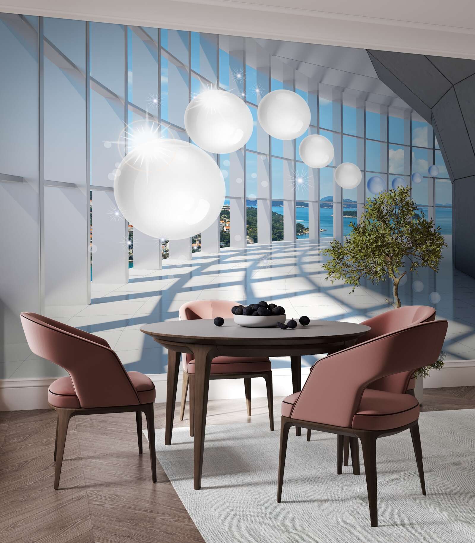 Papier peint sur fond de ciel, des boules blanches s'envolent dans le tunnel