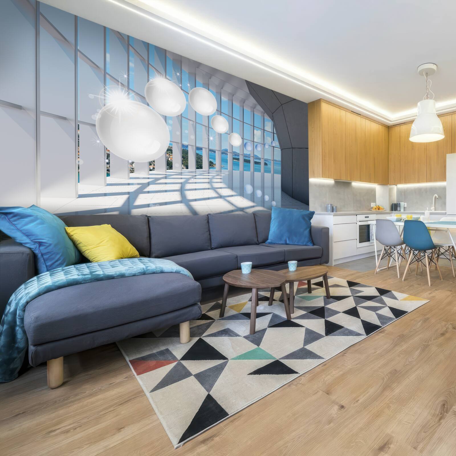 Papier peint sur fond de ciel, des boules blanches s'envolent dans le tunnel