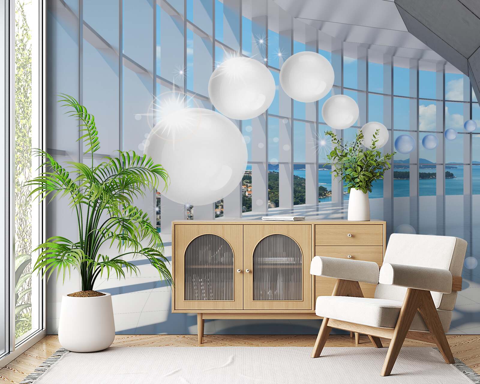 Papier peint sur fond de ciel, des boules blanches s'envolent dans le tunnel