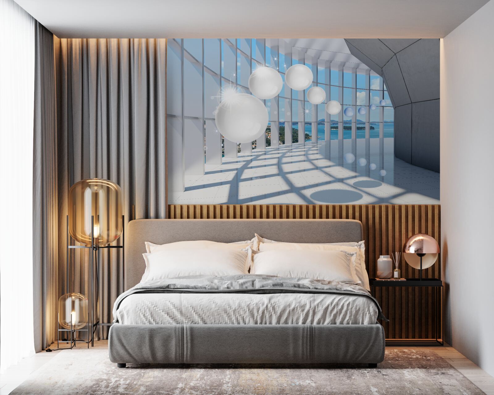 Papier peint sur fond de ciel, des boules blanches s'envolent dans le tunnel