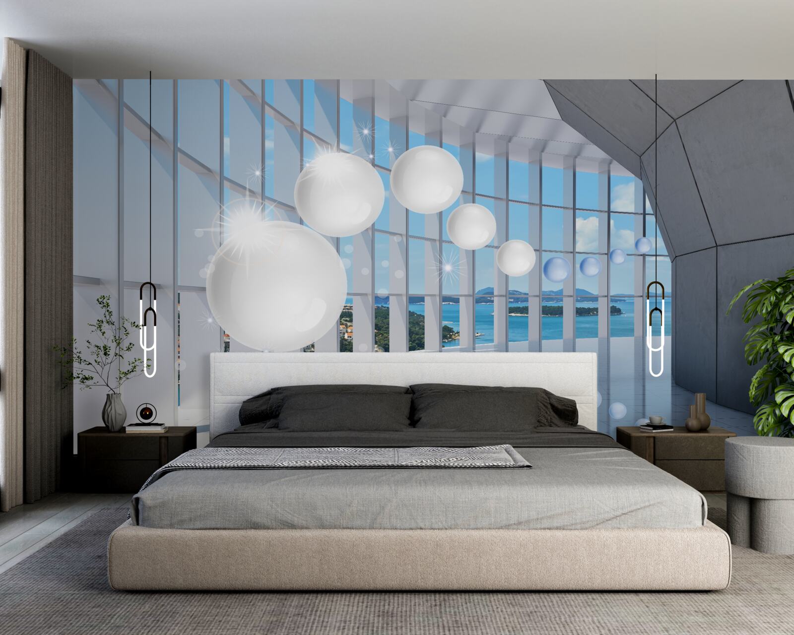 Papier peint sur fond de ciel, des boules blanches s'envolent dans le tunnel