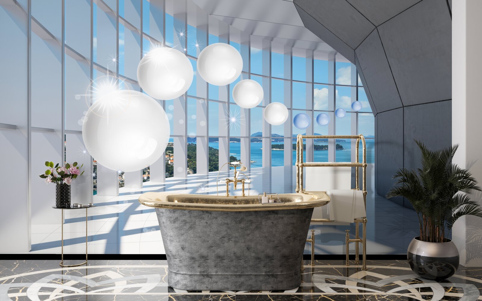 Papier peint sur fond de ciel, des boules blanches s'envolent dans le tunnel