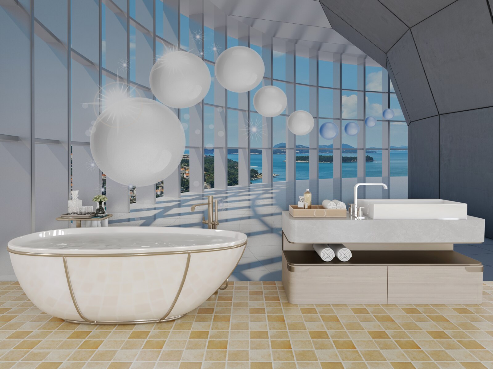 Papier peint sur fond de ciel, des boules blanches s'envolent dans le tunnel