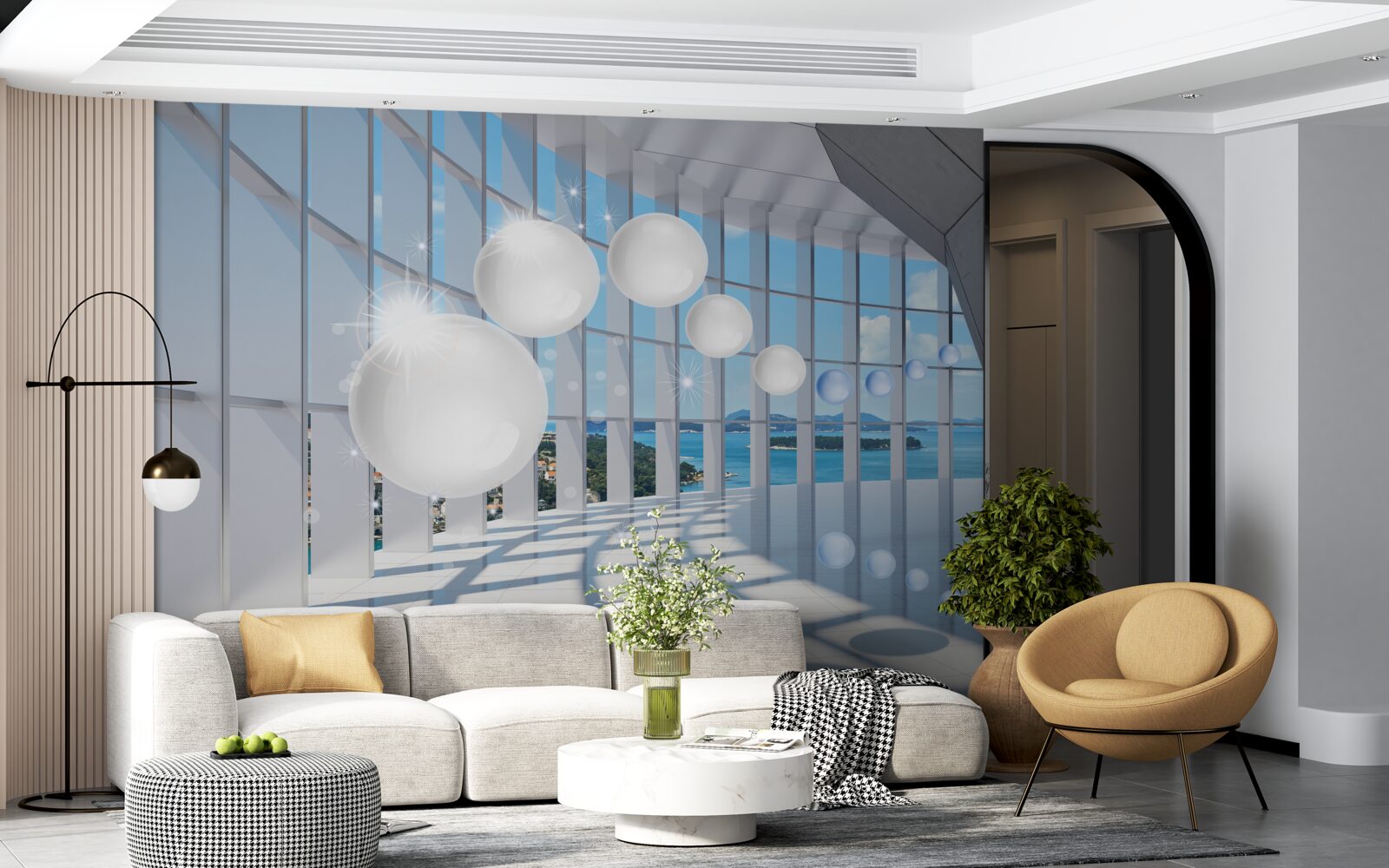 Papier peint sur fond de ciel, des boules blanches s'envolent dans le tunnel