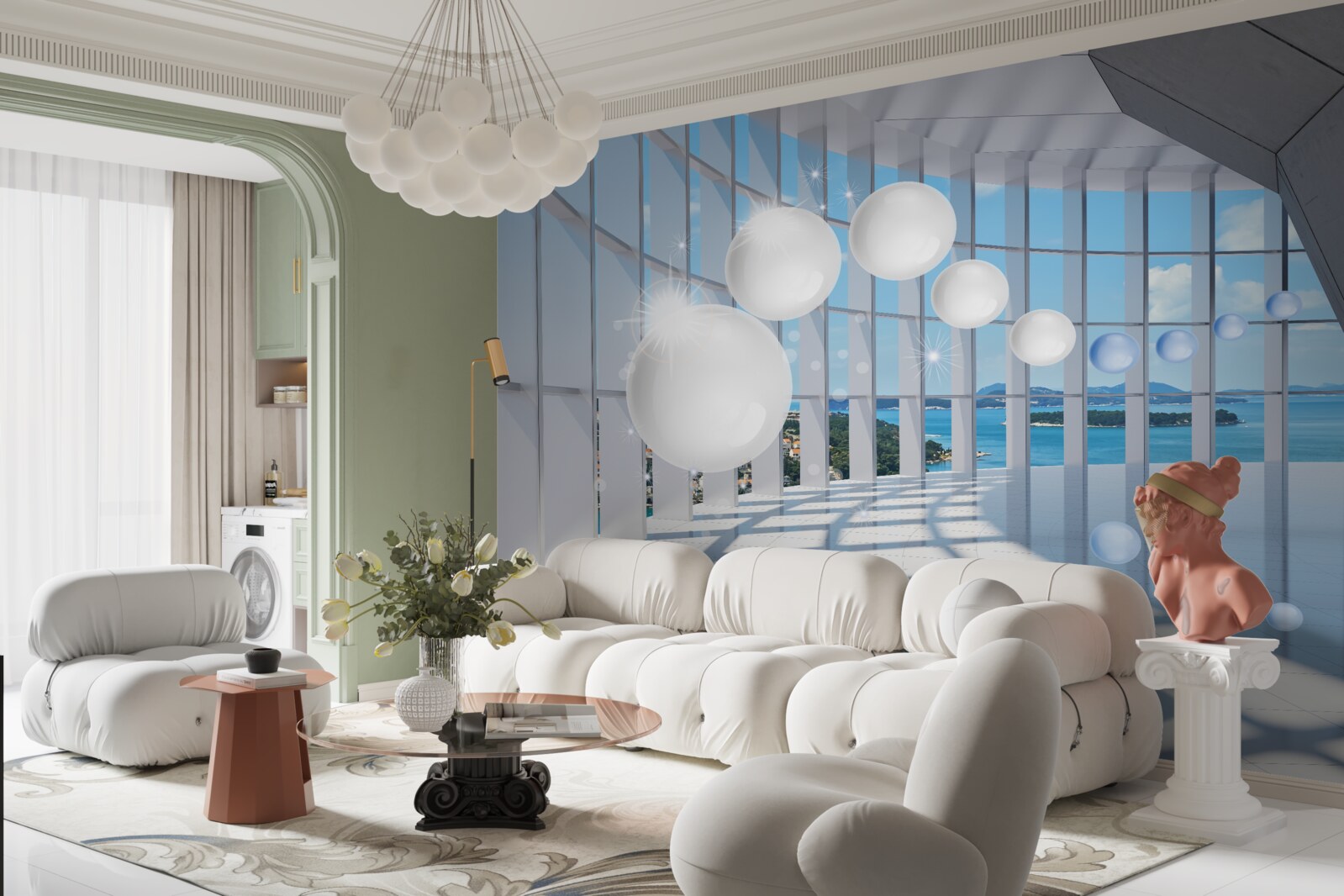 Papier peint sur fond de ciel, des boules blanches s'envolent dans le tunnel