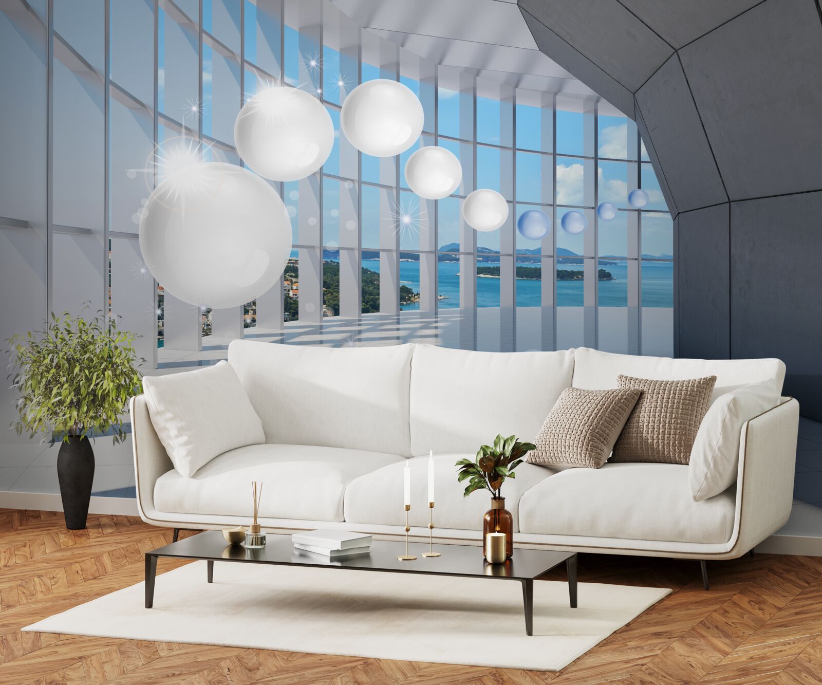 Papier peint sur fond de ciel, des boules blanches s'envolent dans le tunnel