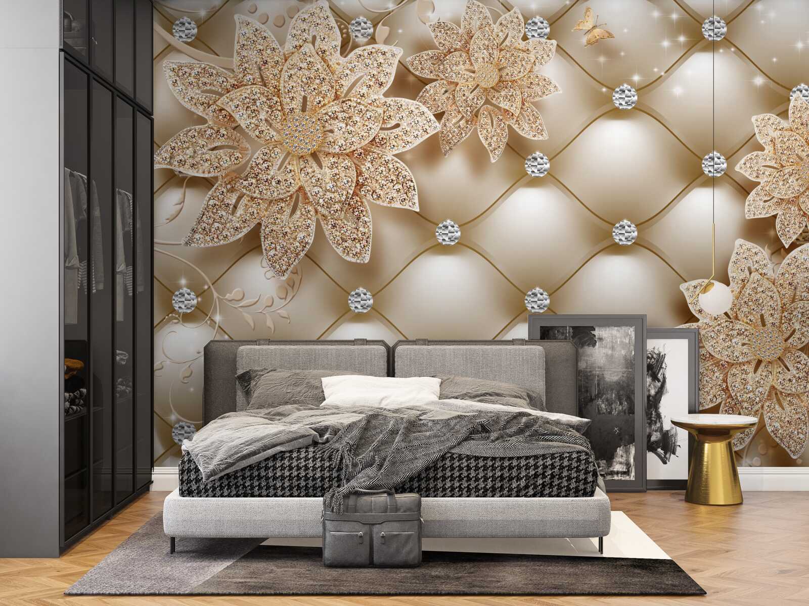 Papier peint les perles sont décorées de fleurs en or