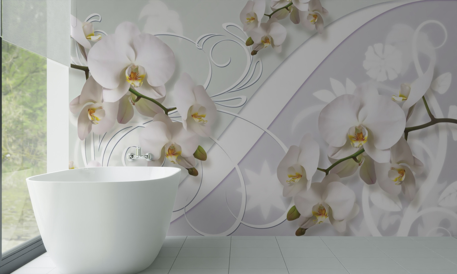 Papier peint orchidées blanches sur fond blanc