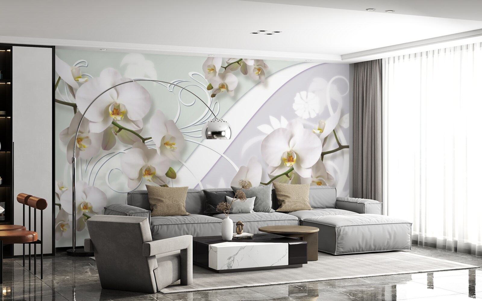 Papier peint orchidées blanches sur fond blanc