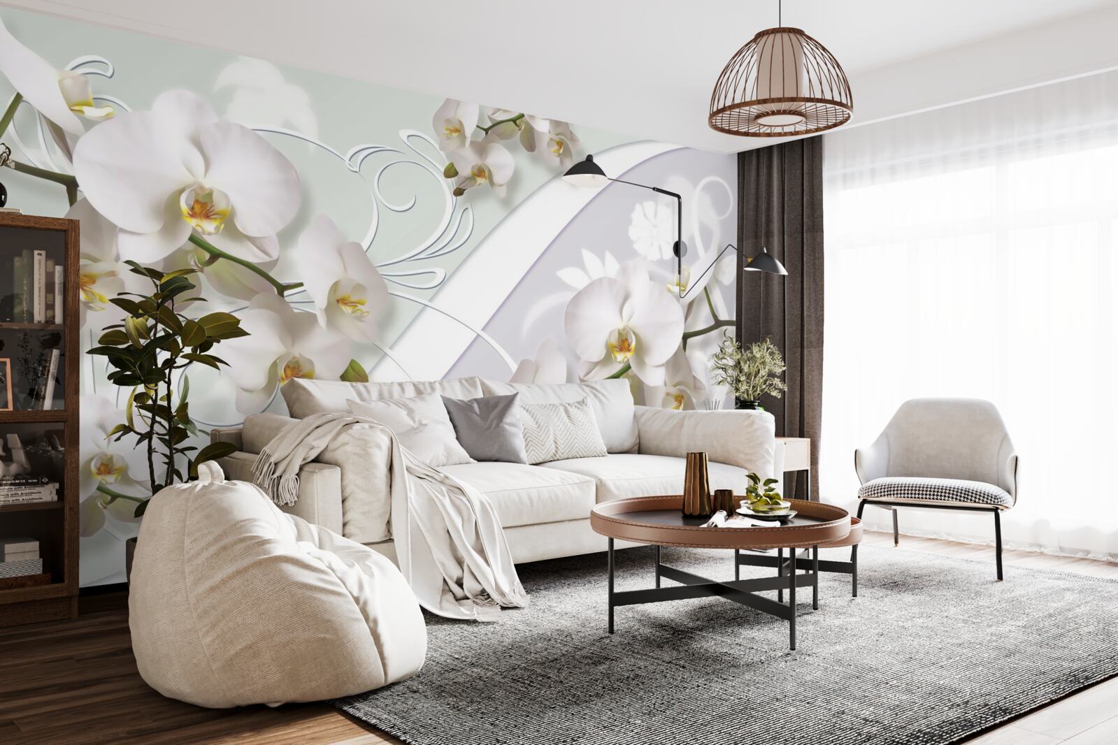 Papier peint orchidées blanches sur fond blanc