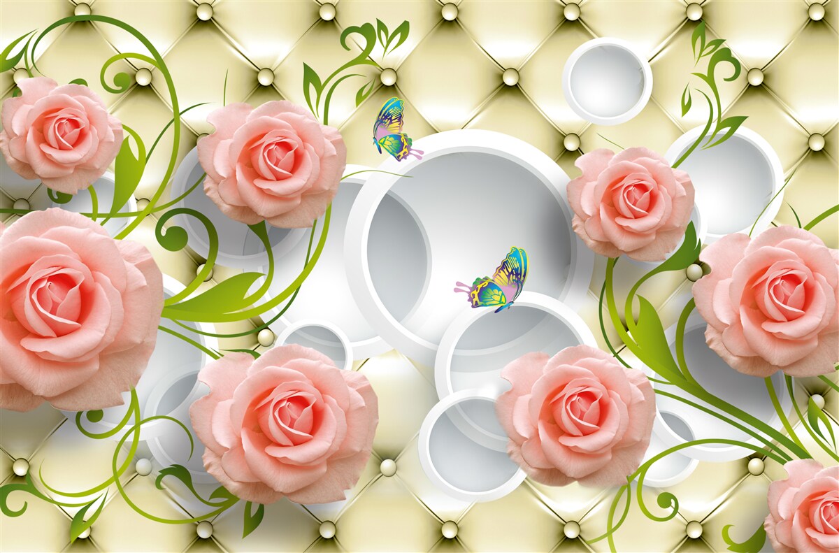 Papier peint papillons et roses en rose