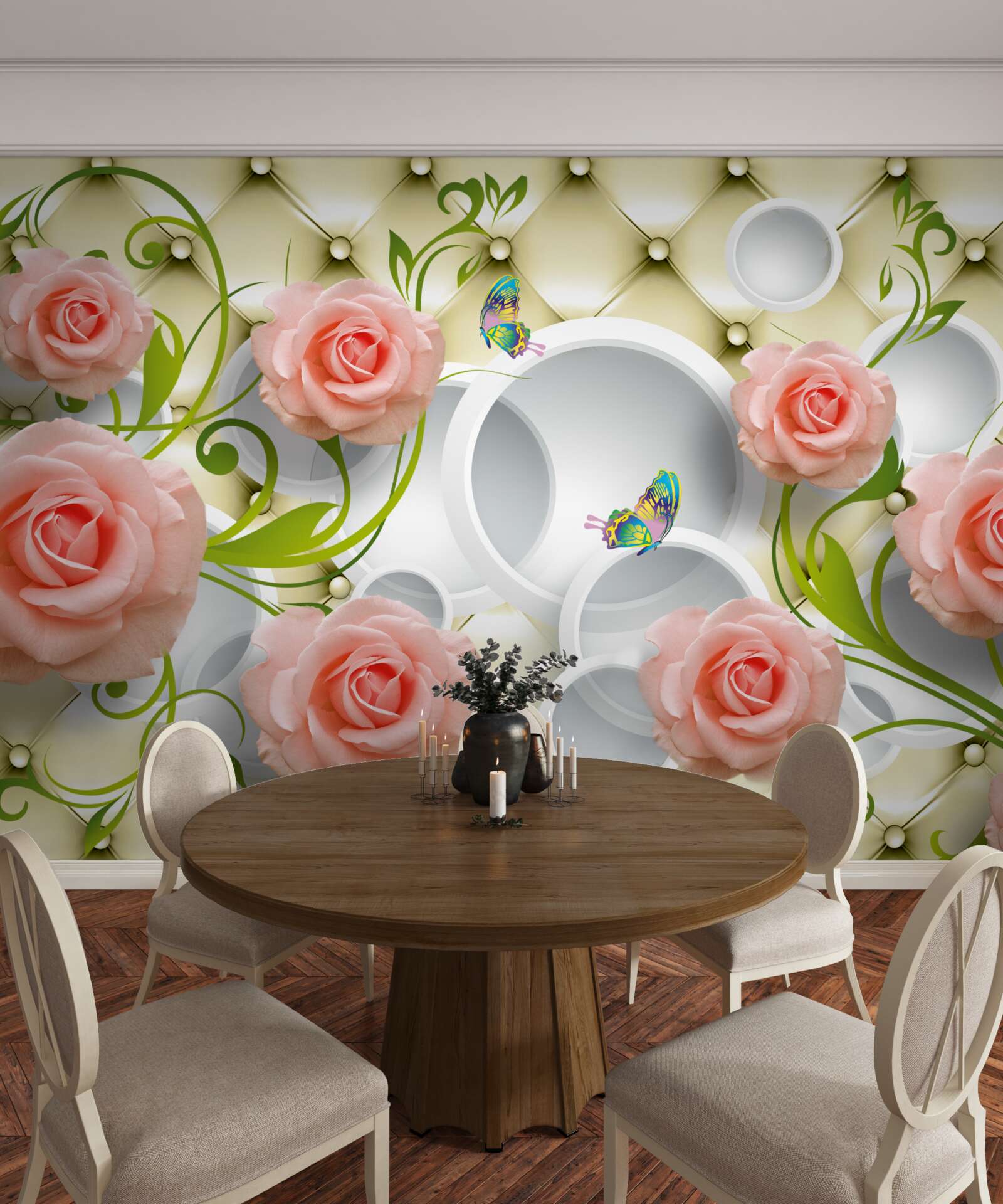 Papier peint papillons et roses en rose