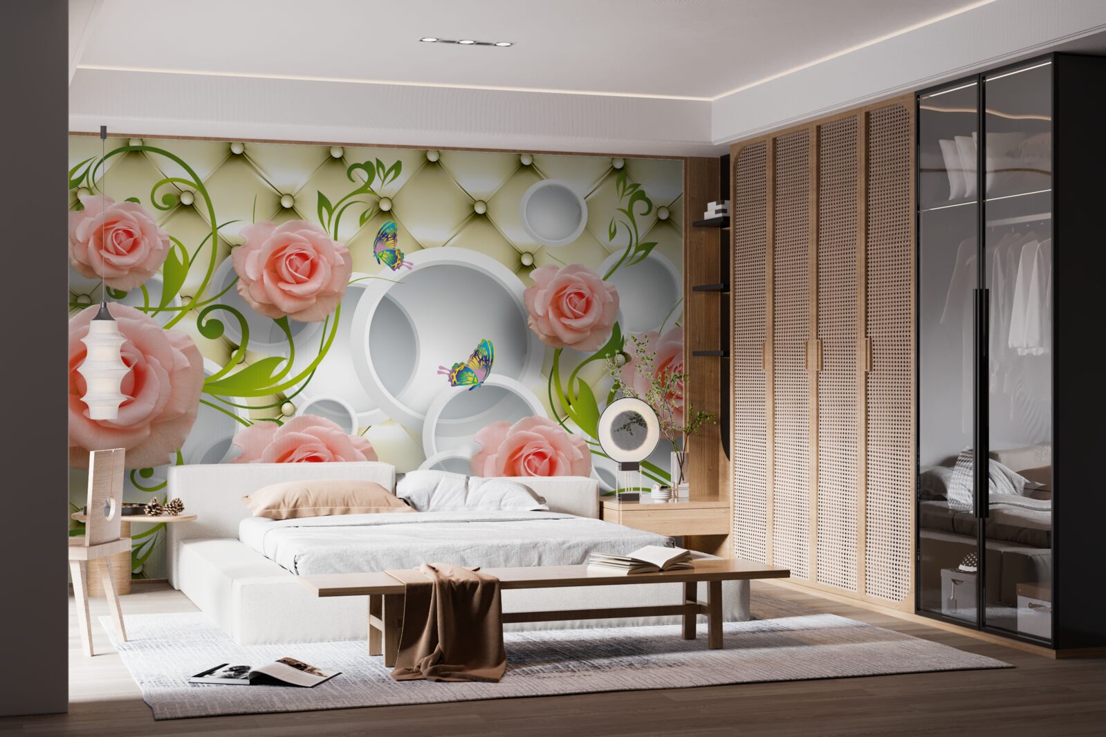 Papier peint papillons et roses en rose