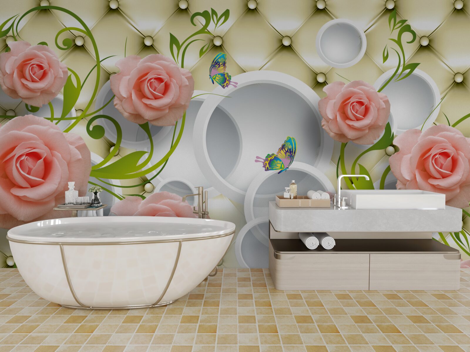 Papier peint papillons et roses en rose