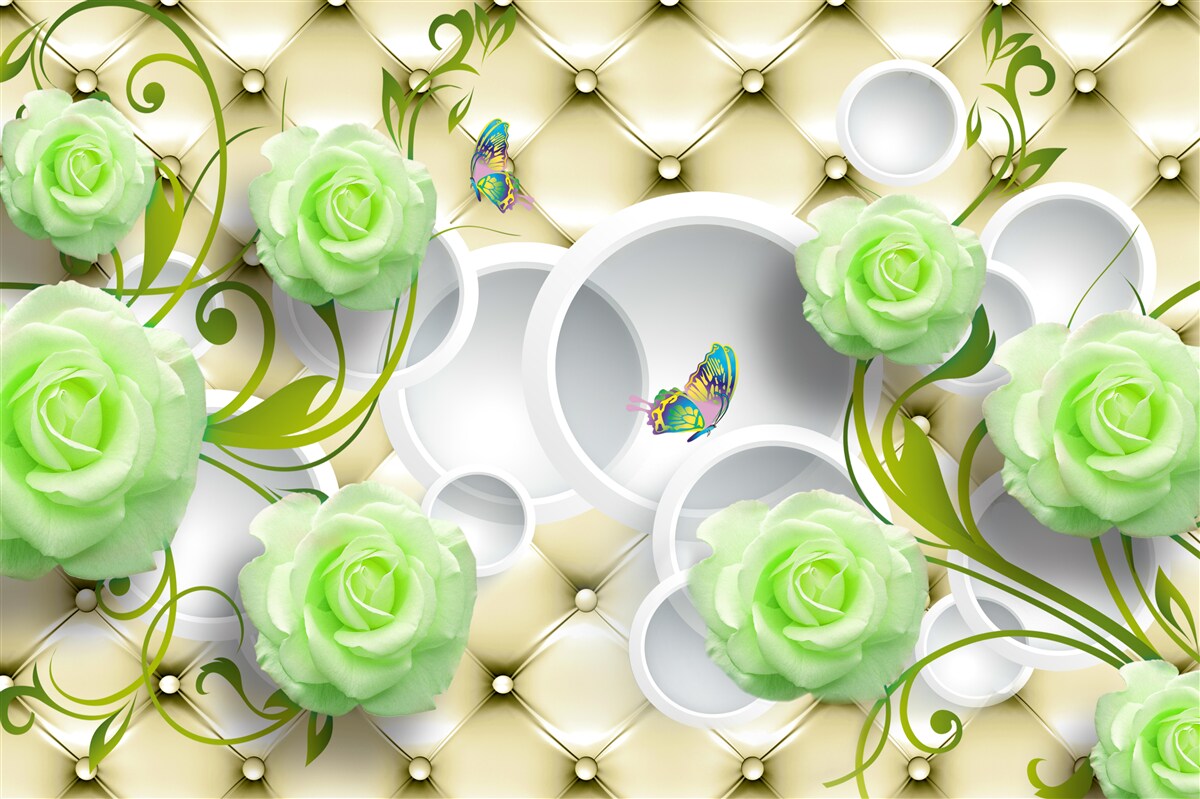 Papier peint la rose est blanche et verte avec des éléments d'or et de perles