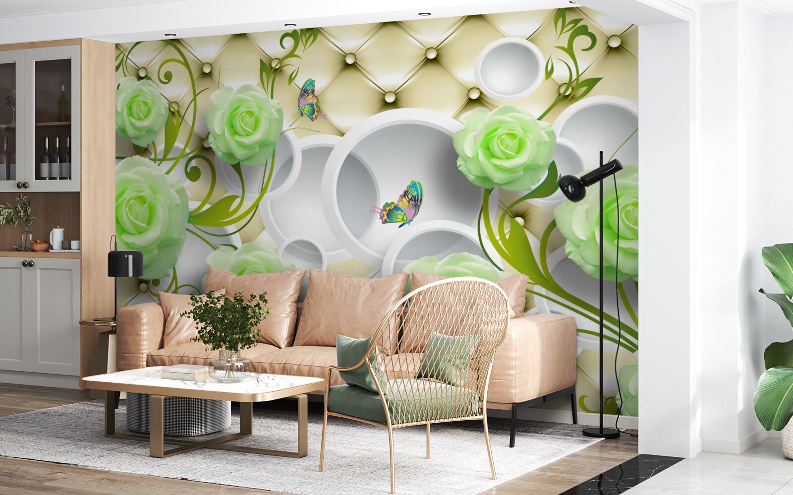 Papier peint la rose est blanche et verte avec des éléments d'or et de perles