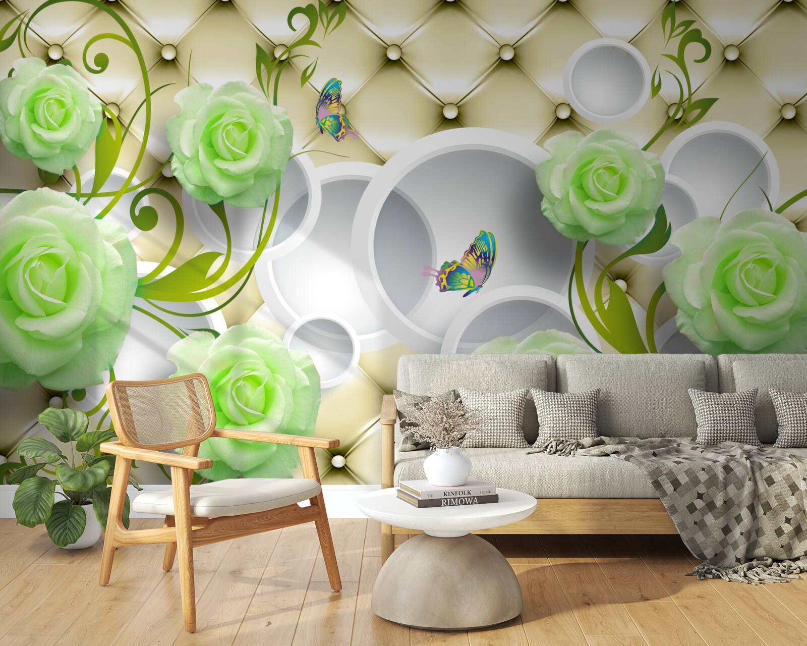 Papier peint la rose est blanche et verte avec des éléments d'or et de perles